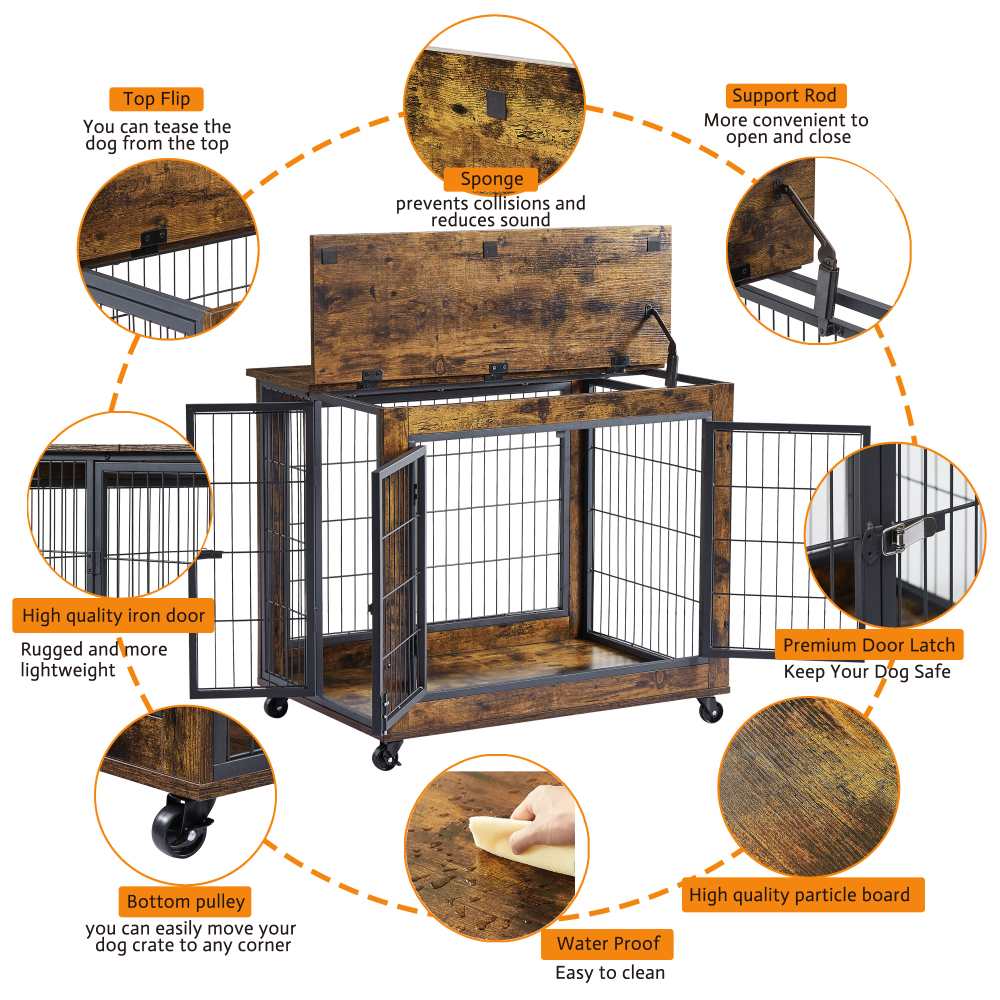 Caixa para Cão Estilo Móvel, Nicho Interior com Dupla Porta, Tampa Abrir e Rodas para Fácil Mobilidade 80x56x69.5cm - 7