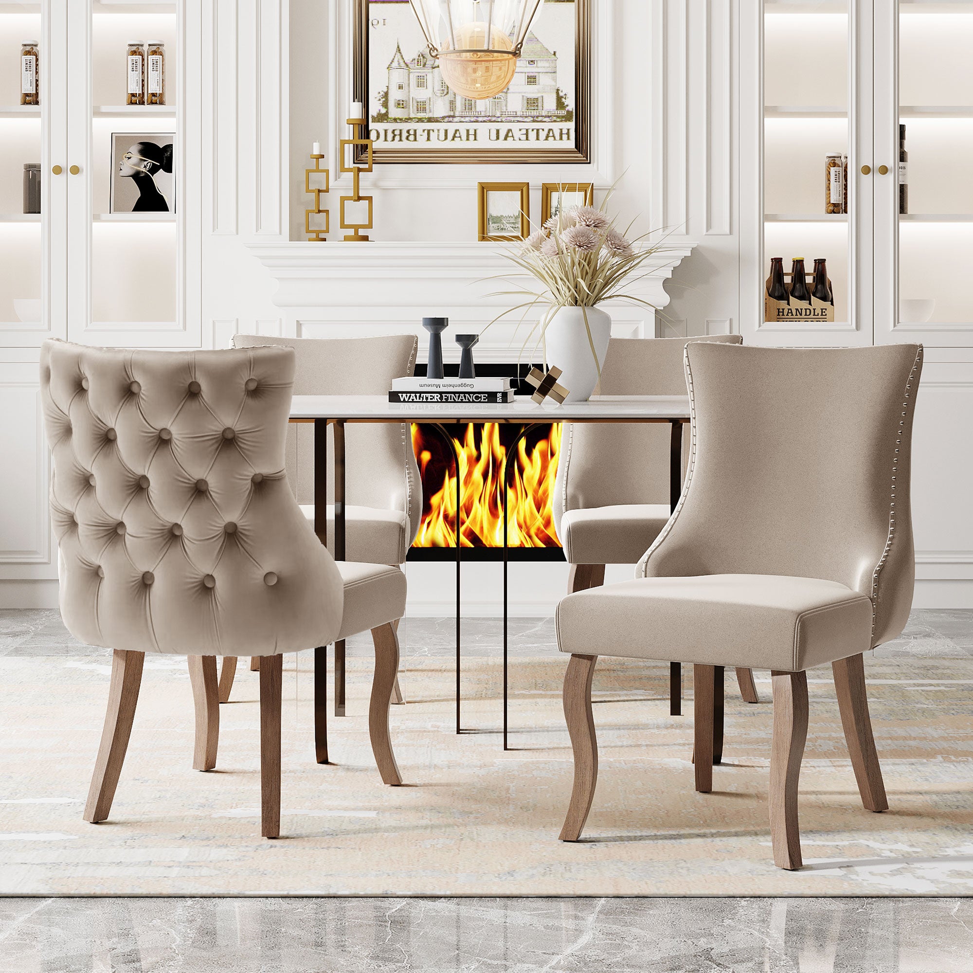 Zestaw 4 krzeseł do jadalni - Aksamit i lite drewno - Wysokie oparcie ze wzorem w romby - Beżowe