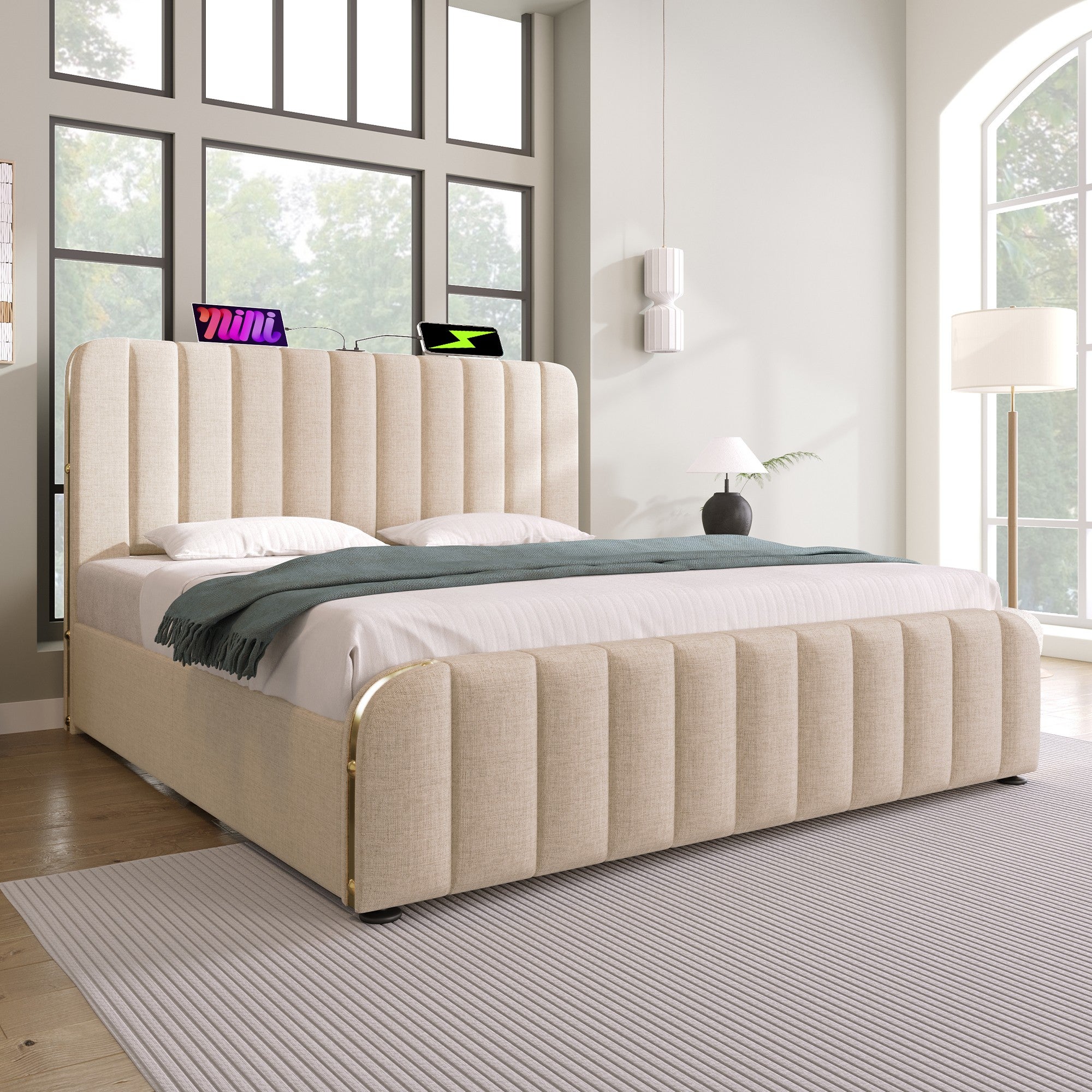 Lit pour adulte, capitonné 180*200 cm, avec bordure dorée et recharge USB Type-C, en lin beige, avec 4 tiroirs. - 2