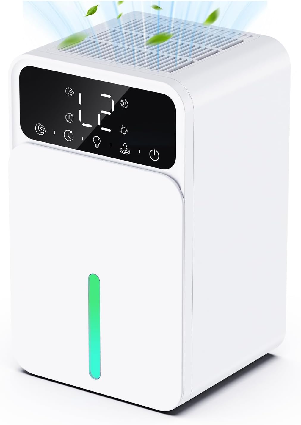 Deshumidificador eléctrico de aire blanco de 1200 ml con temporizador de 12 horas, luces de 7 colores, descongelación automática y apagado automático.