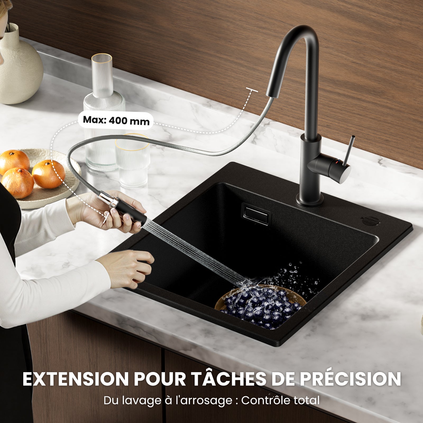 Misturador para lava-loiça com spray extraível Misturador de cozinha preto com misturador spray extraível 2 modos de saída de água - 2