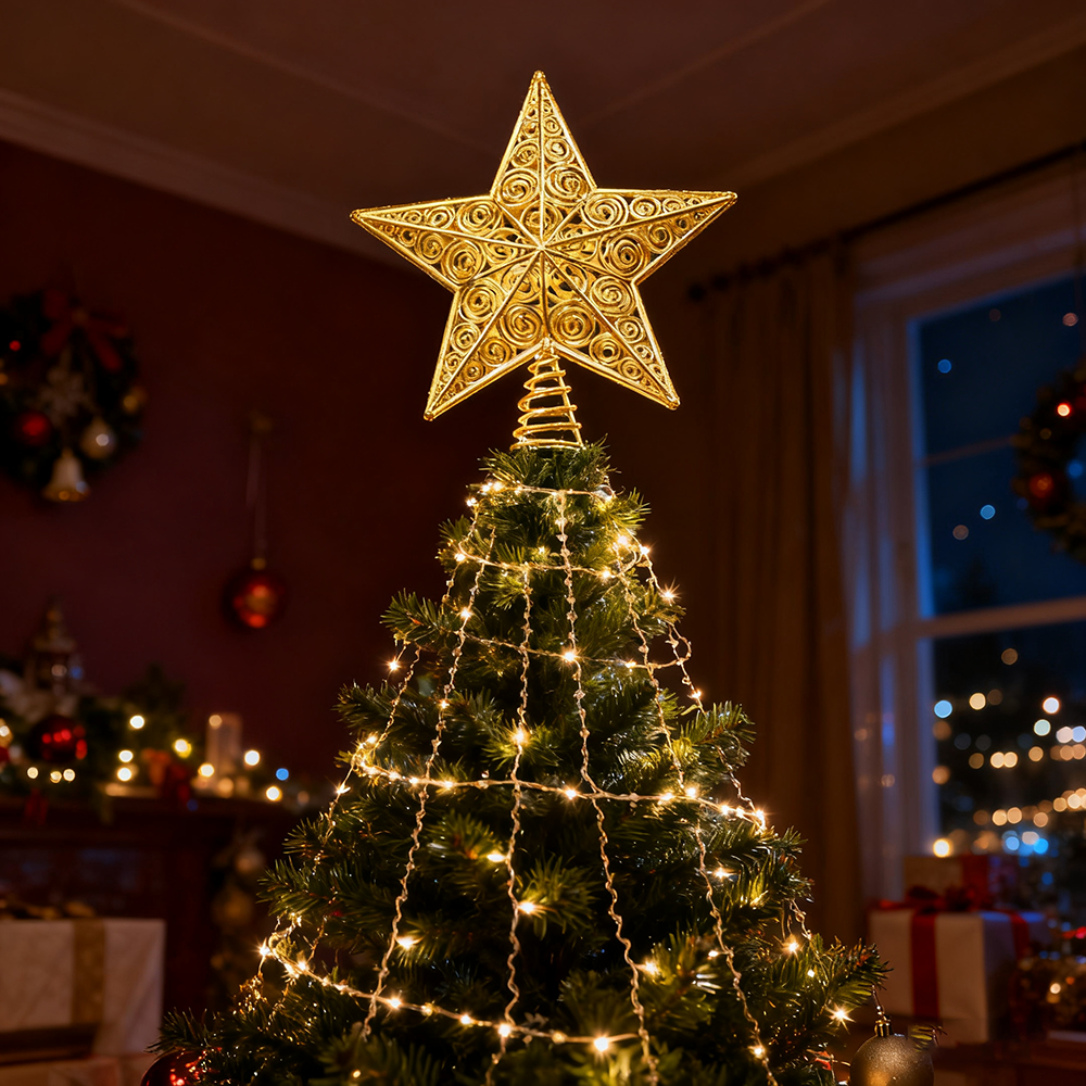 Estrela de árvore de Natal, decoração de Natal, tampo de árvore de Natal, decoração de estrela oca, 20 cm x 22 cm - 3