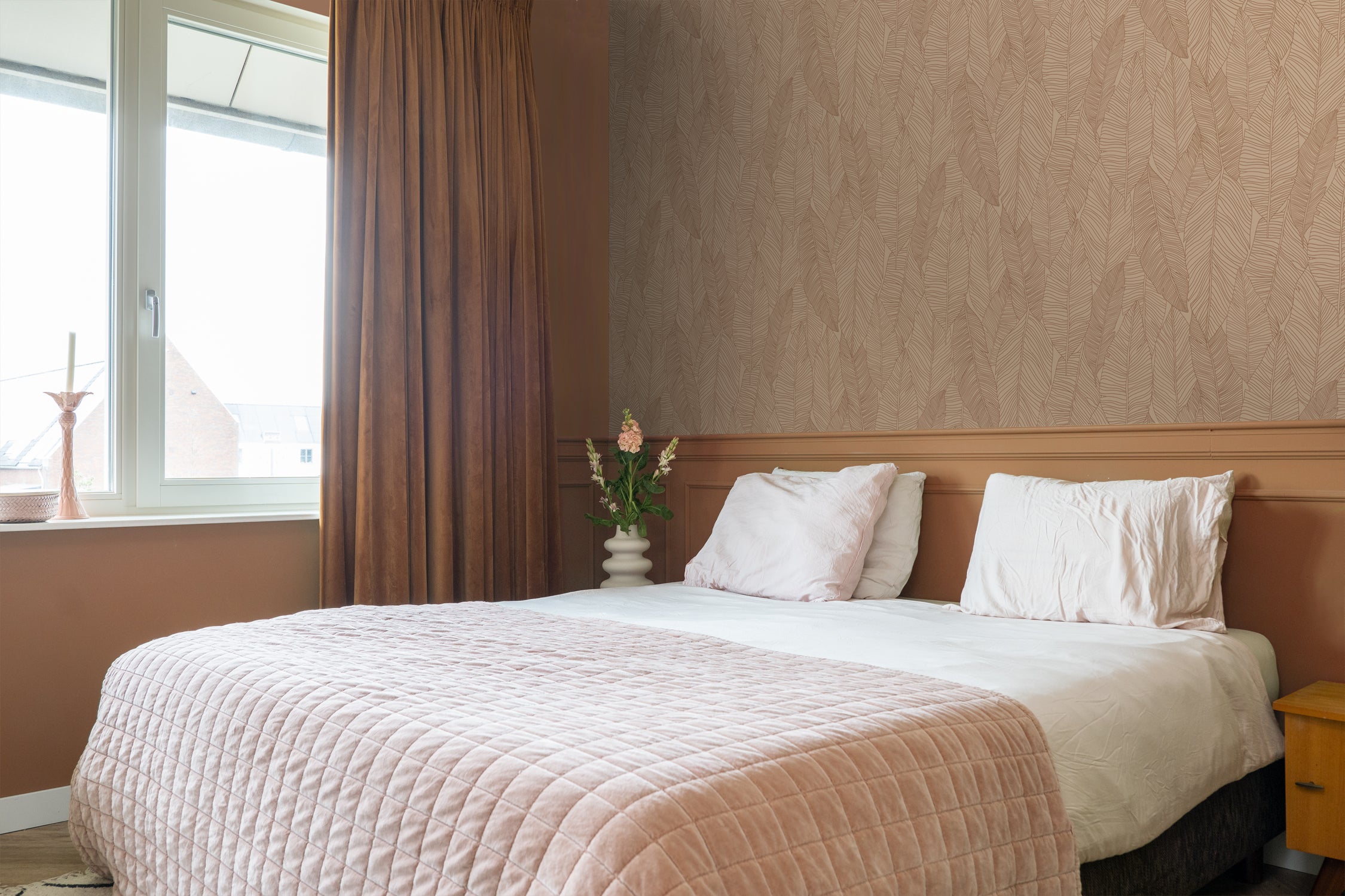 Papier peint feuilles dessinées rose terracotta - 53 cm x 10.05 m - ESTAhome - 3