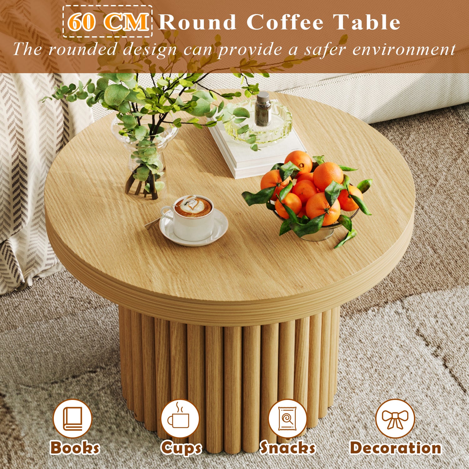 Table basse Ronde avec Aspect du Bois, Table de Salon Moderne avec Pied en forme de cylindre, 60x60x41, Naturel - 3