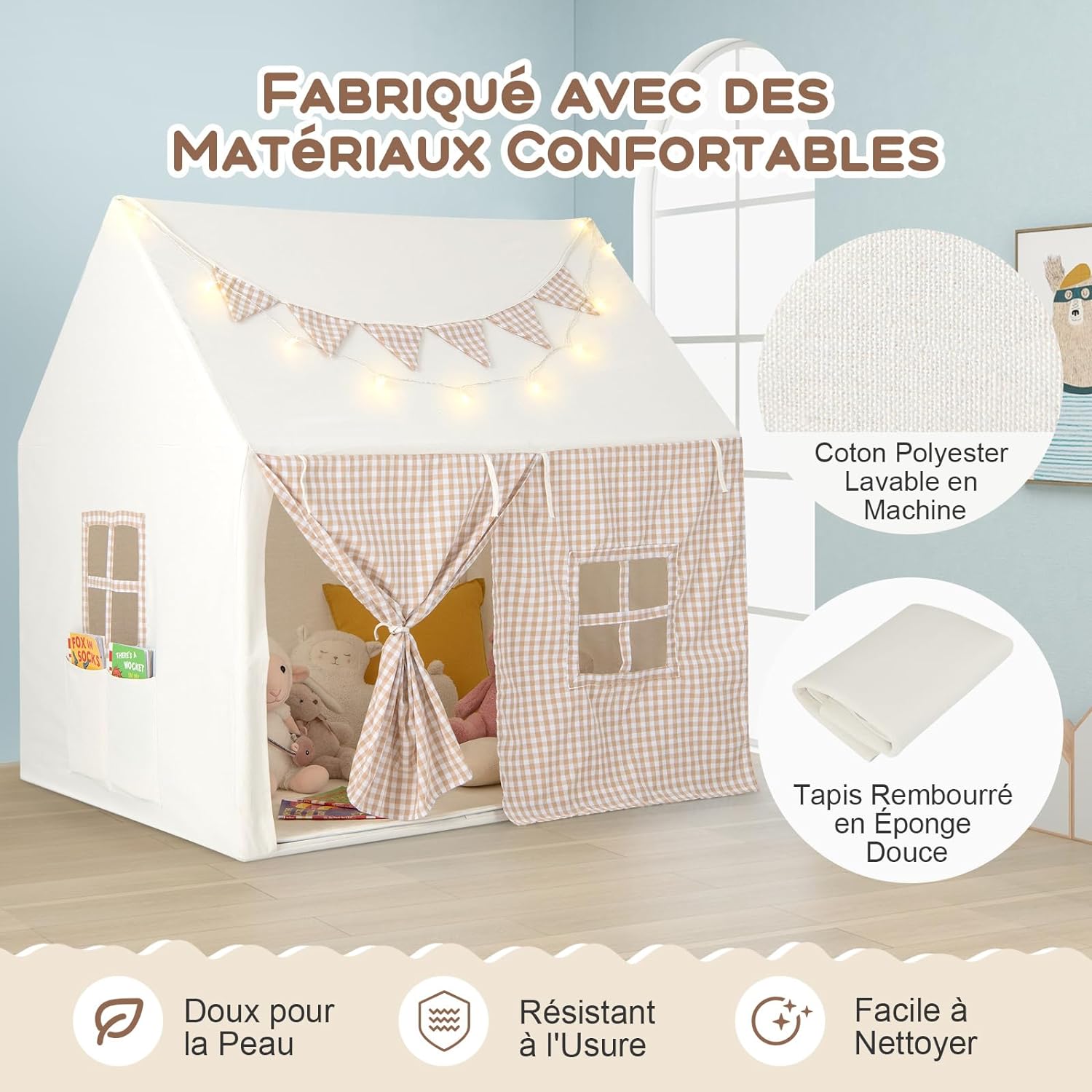 Tenda da Gioco per Bambini, Casetta Tenda da Gioco con Tappetino Imbottito, 2 Finestre Traspiranti e 2 Tasche, Luci a Stella e Bandierine Incl - 4