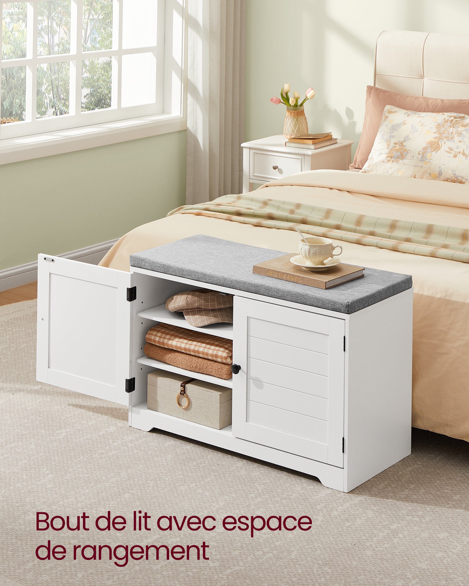 Banc à Chaussures sur 3 Niveaux, Banc de Rangement, avec Coussin, Étagères Réglables, 35,5 x 81 x 52,5cm, pour Entrée, Blanc Nuage et Gris Tourterelle - 6