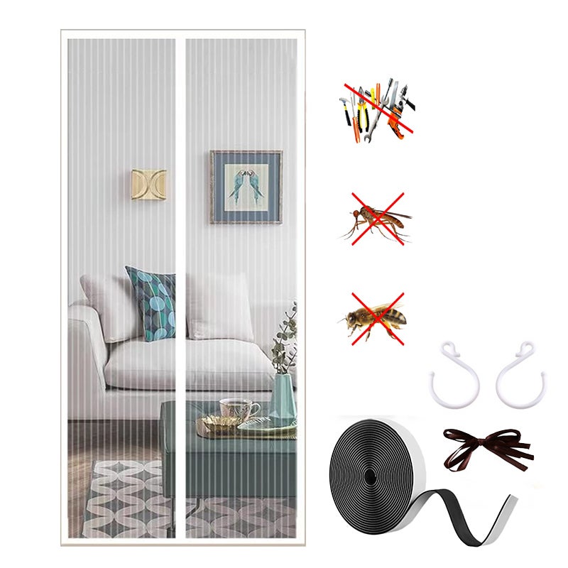 Magnetyczna moskitiera do drzwi, kurtyna drzwiowa przeciw owadom z magnesami i haczykiem, biała siatkowa kurtyna działowa, 90 x 210 cm