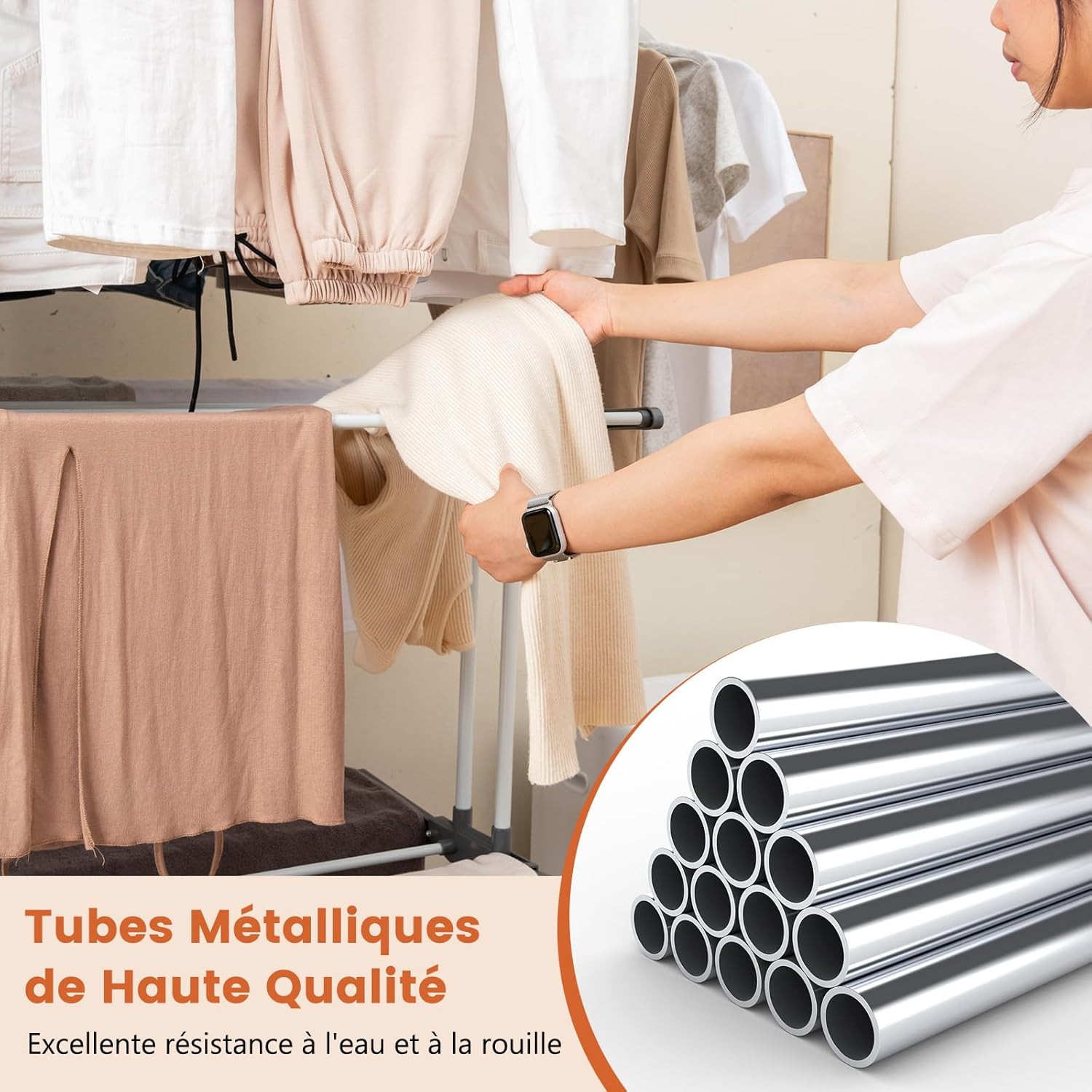 Stendibiancheria a Torre, Stendibiancheria Verticale Salvaspazio con Supporti per Grucce Girevoli e Piani Pieghevoli, Stendino Pieghevole con - 6