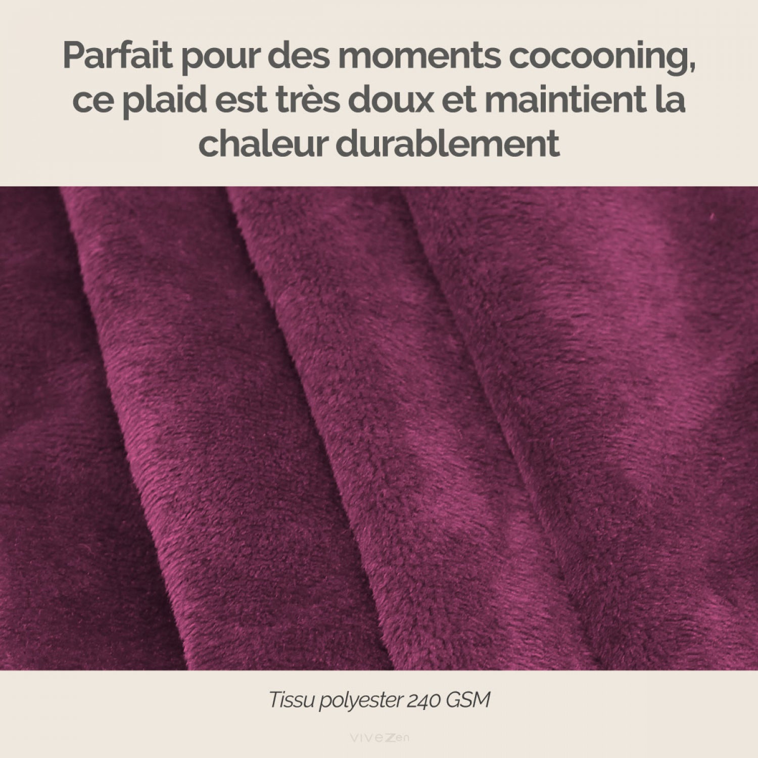 Couverture, plaid polaire, jeté de canapé 150 x 200 cm en flanelle ultra doux - Prune - Vivezen - 2