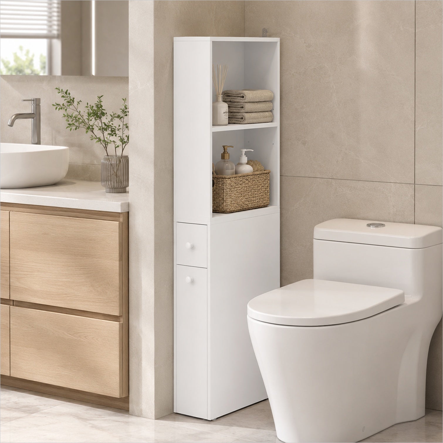 Colonne de salle de bain slim en MDF laqué blanc, 2 étagères ouvertes ...