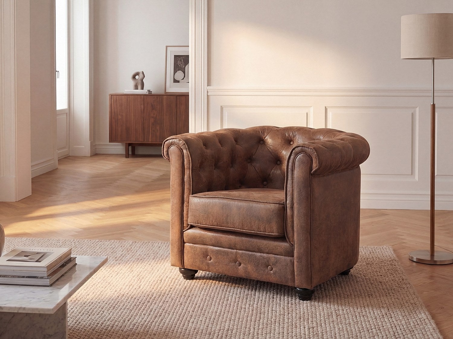 Fotel CHESTERFIELD z mikrofibry o wyglądzie postarzonej skóry