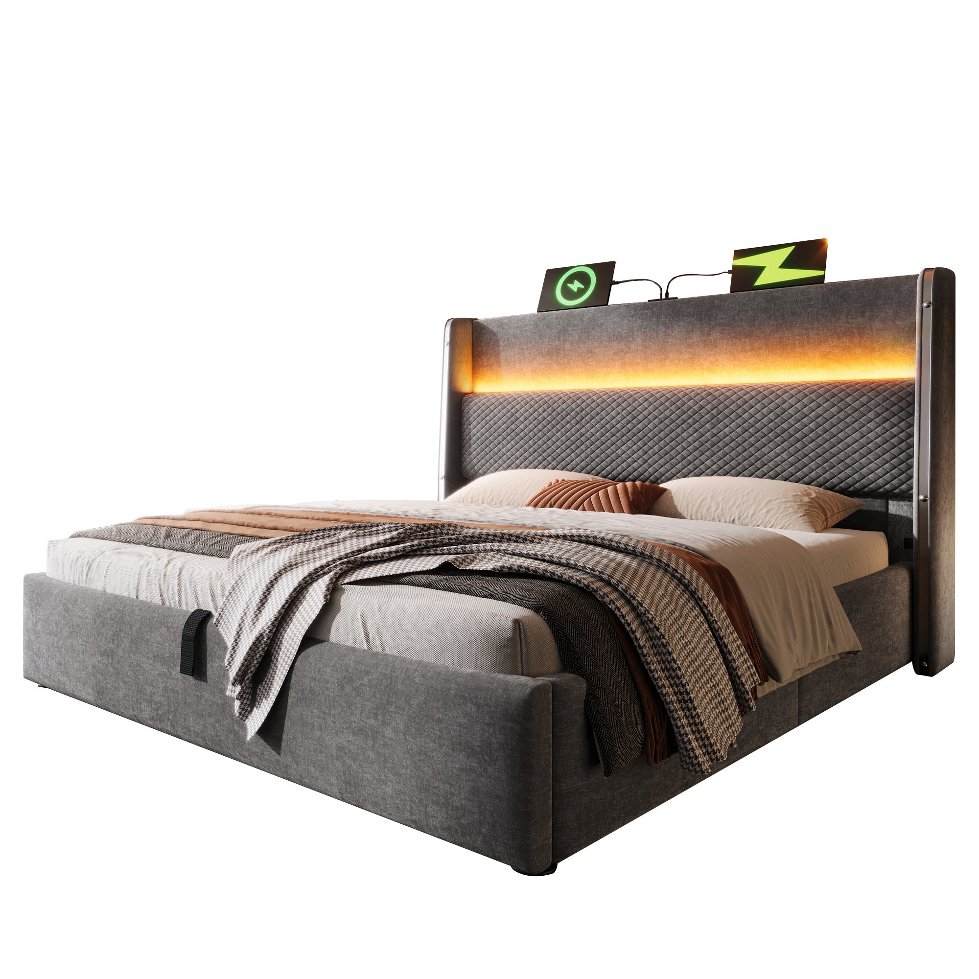 Łóżko tapicerowane 160x200cm, łóżko małżeńskie z oświetleniem LED, miejscem do przechowywania i portami USB/Type-C, lniane, szare, z materacem - 5