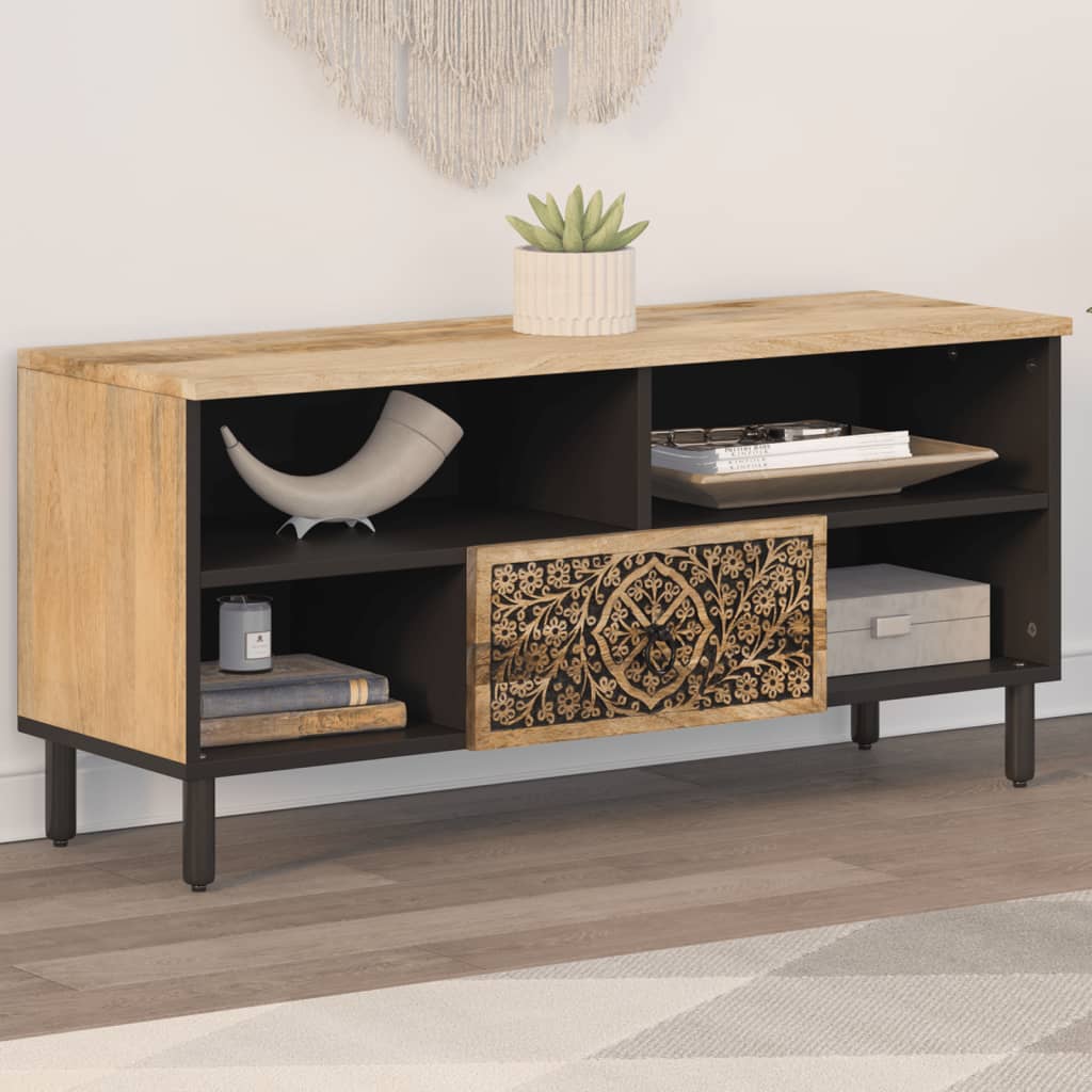 Mueble de TV con 2 puertas de madera de mango macizo tallado a mano y metal colo Mueble de TV con 2 puertas de madera de mango macizo tallado a mano y metal colo
