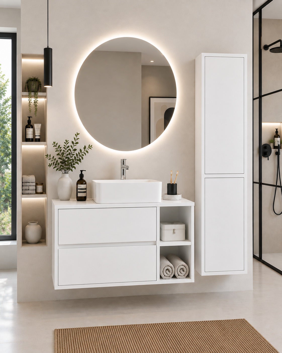 Mobilier de baie con encimera de madera y lavabo sobreencimera ORIGENBATH ZEUS fără oglindă 120x45 cm Dreapta Blanco cu coloană
