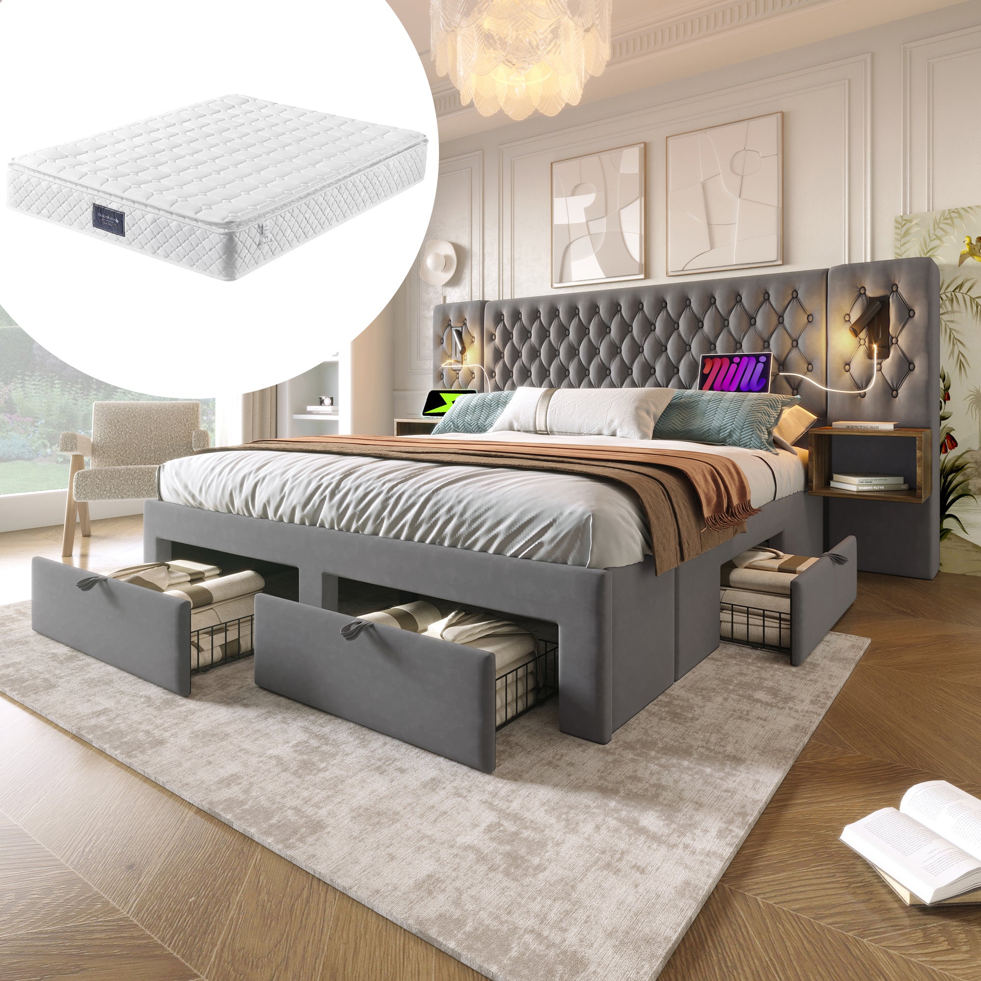 Łóżko 160x200 cm z materacem - 2 nocne stoliki i 4 szuflady - Głowa łóżka z lightingiem i portami USB - Mikrofibra szara - Generous storage