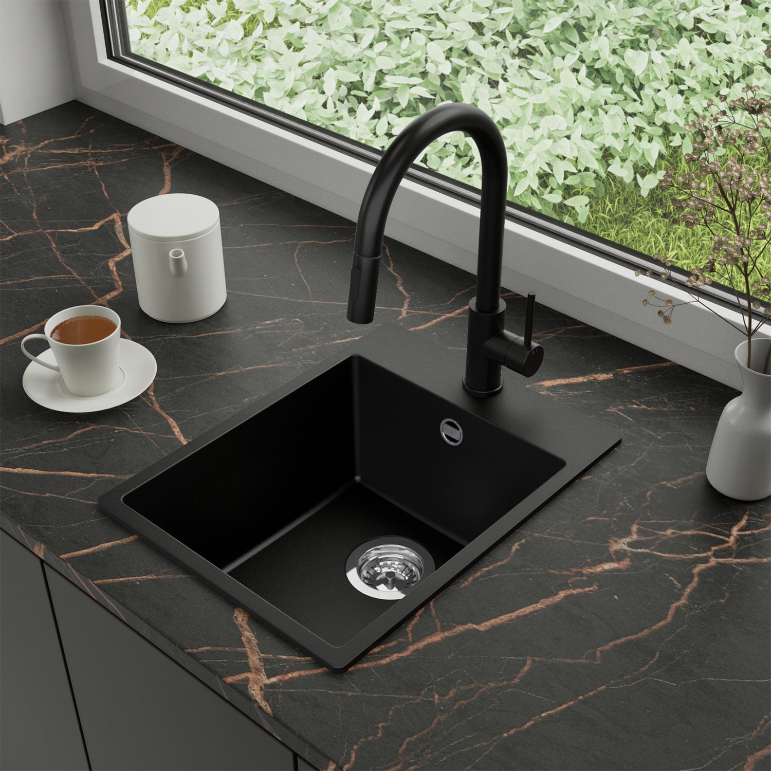 Zlewozmywak Granitowy 38x50cm, do szafki od 40cm + Bateria + Syfon - Amber Czarny STONESTYLE