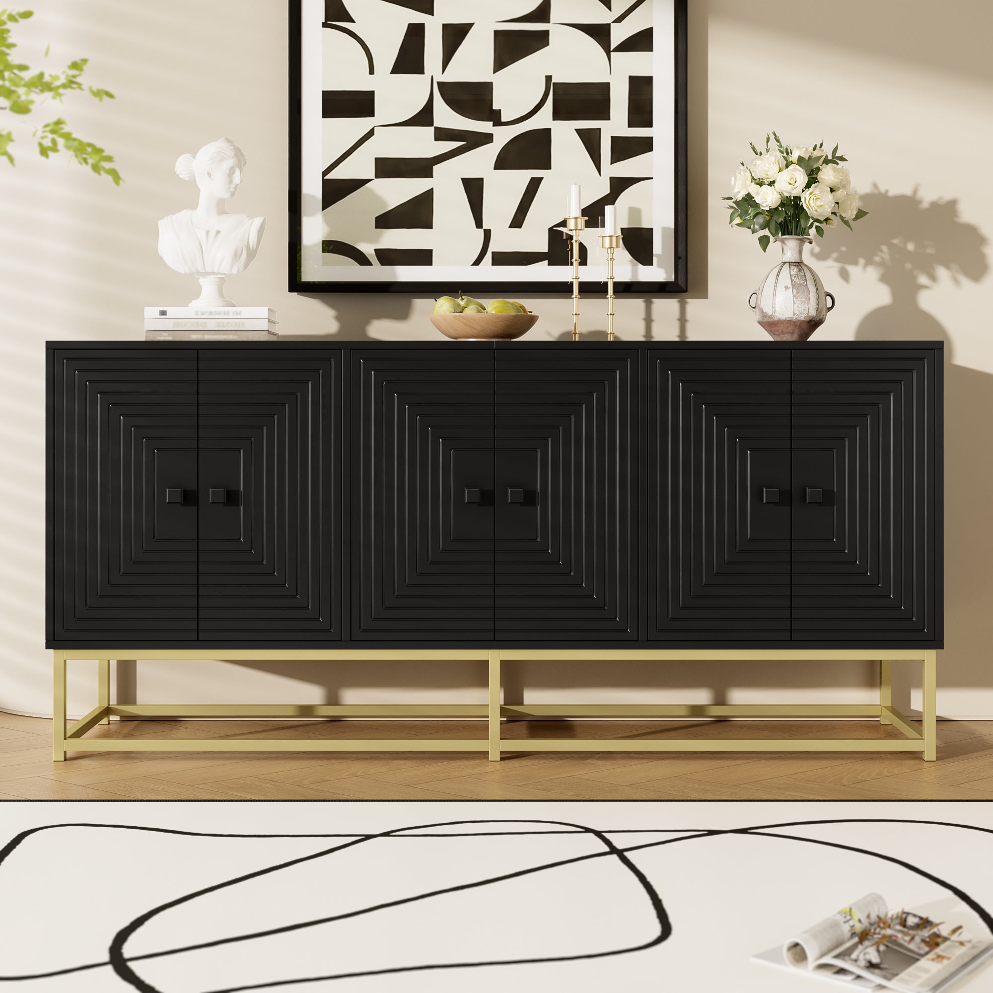 Buffet moderne avec 6 portes - 160 x 38 x 75.5 cm - pour salon, salle à manger - Panneau de particules - Blanc - 8