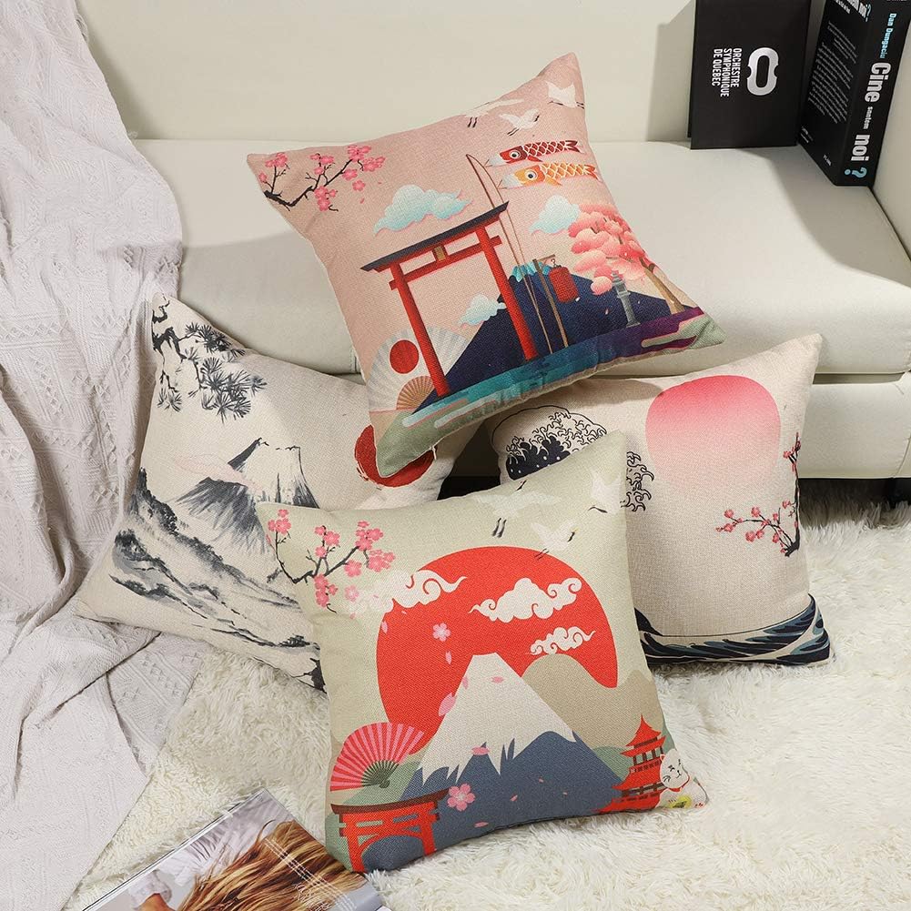 Housse de Coussin Japonais MT. Fuji Ukiyo-e en Taie d'oreiller Canapé Voiture Maison Lit Décor 45 x 45cm, Ensemble de 4 pièces - 5