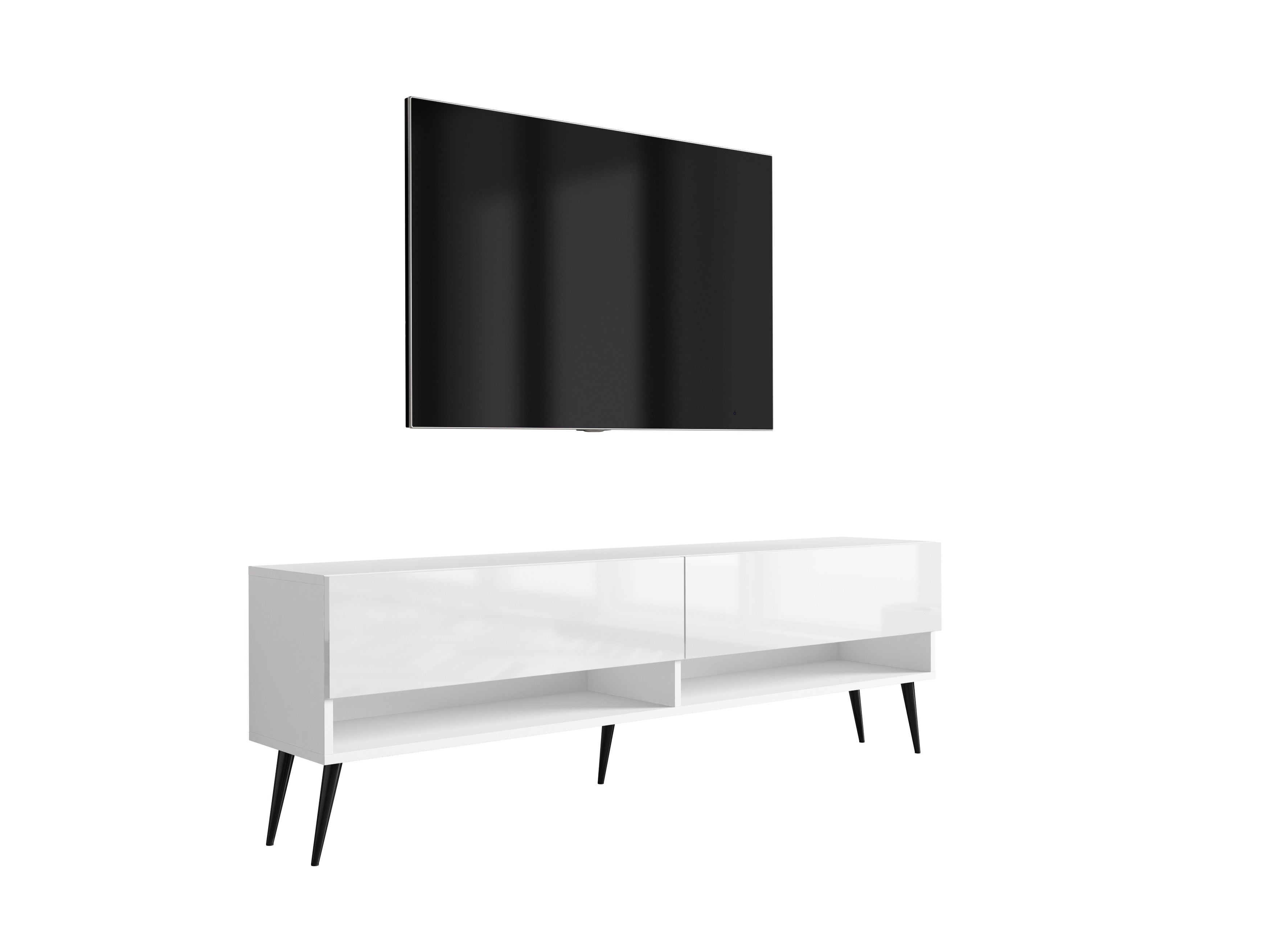 Szafka RTV : Biały Mat / Biały Połysk, nóżki pochyłe czarne, 170 × 32 × 52 cm