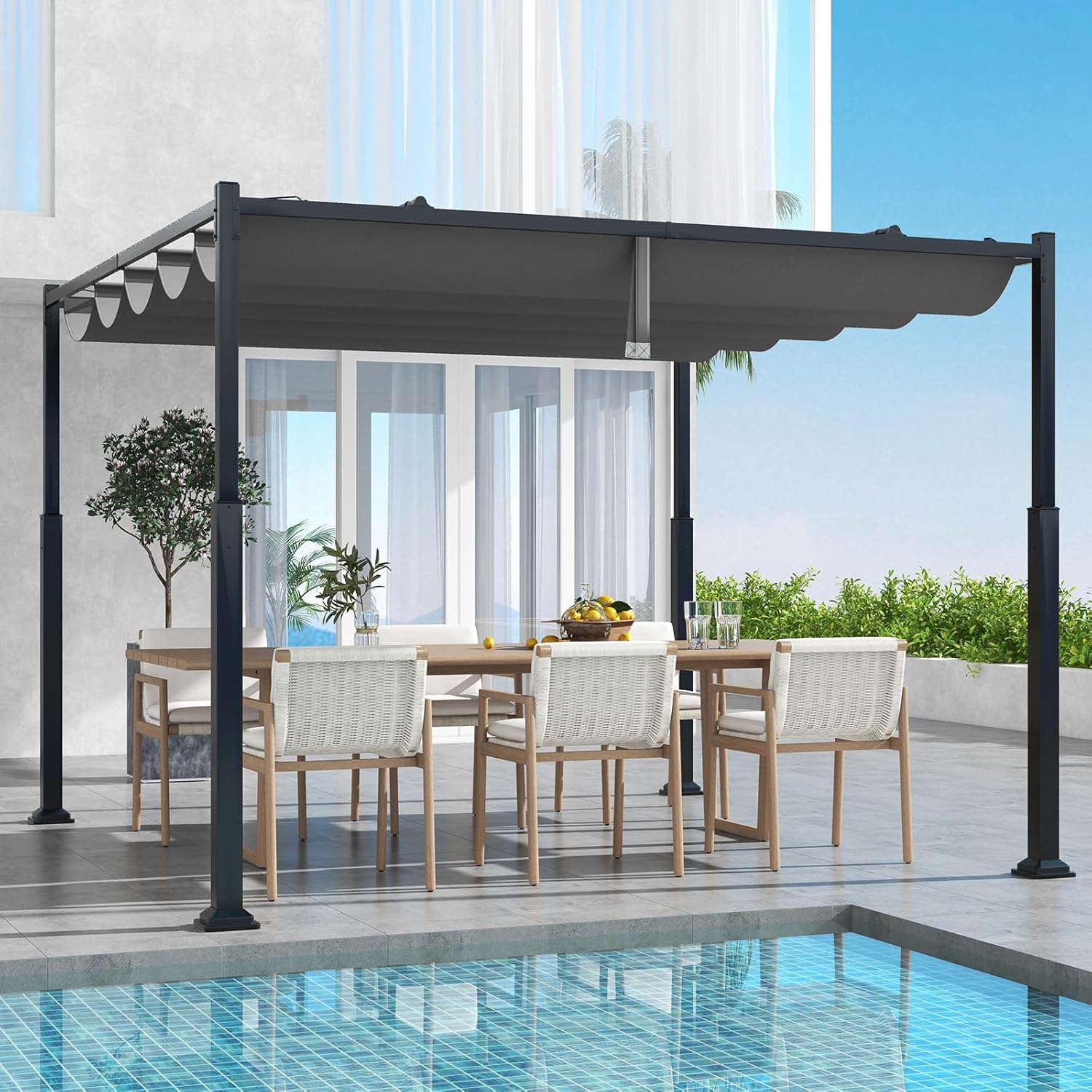 Pérgola de patio de 3,1 x 3,1 m con toldo retráctil deslizante. Pérgola exterior metálica resistente con parasol y piquetas. Gris - 2