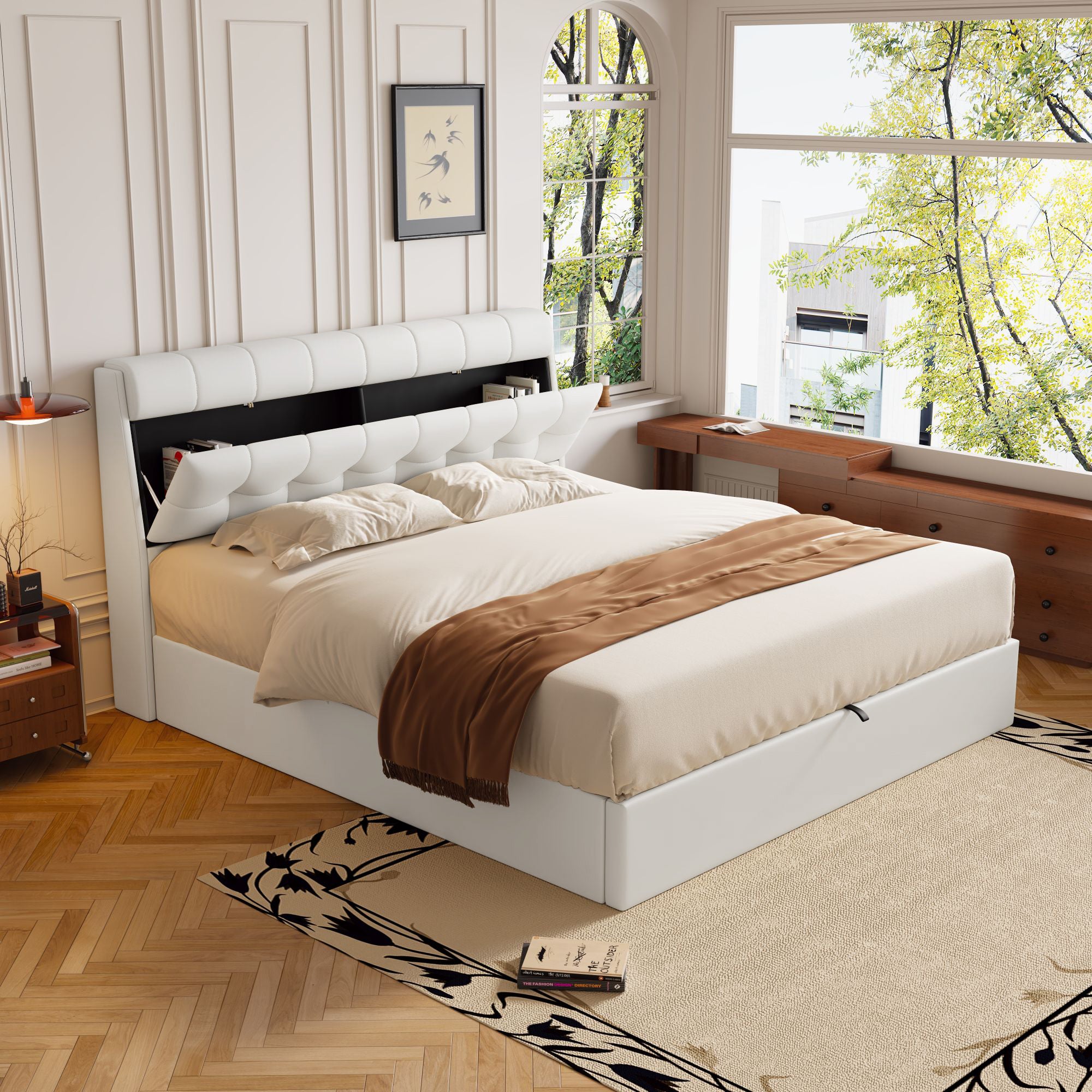 Lit coffre 140 x 200 cm avec tête de lit rangement - LEDs - Cuir PU - Blanc (sans matelas) - 2