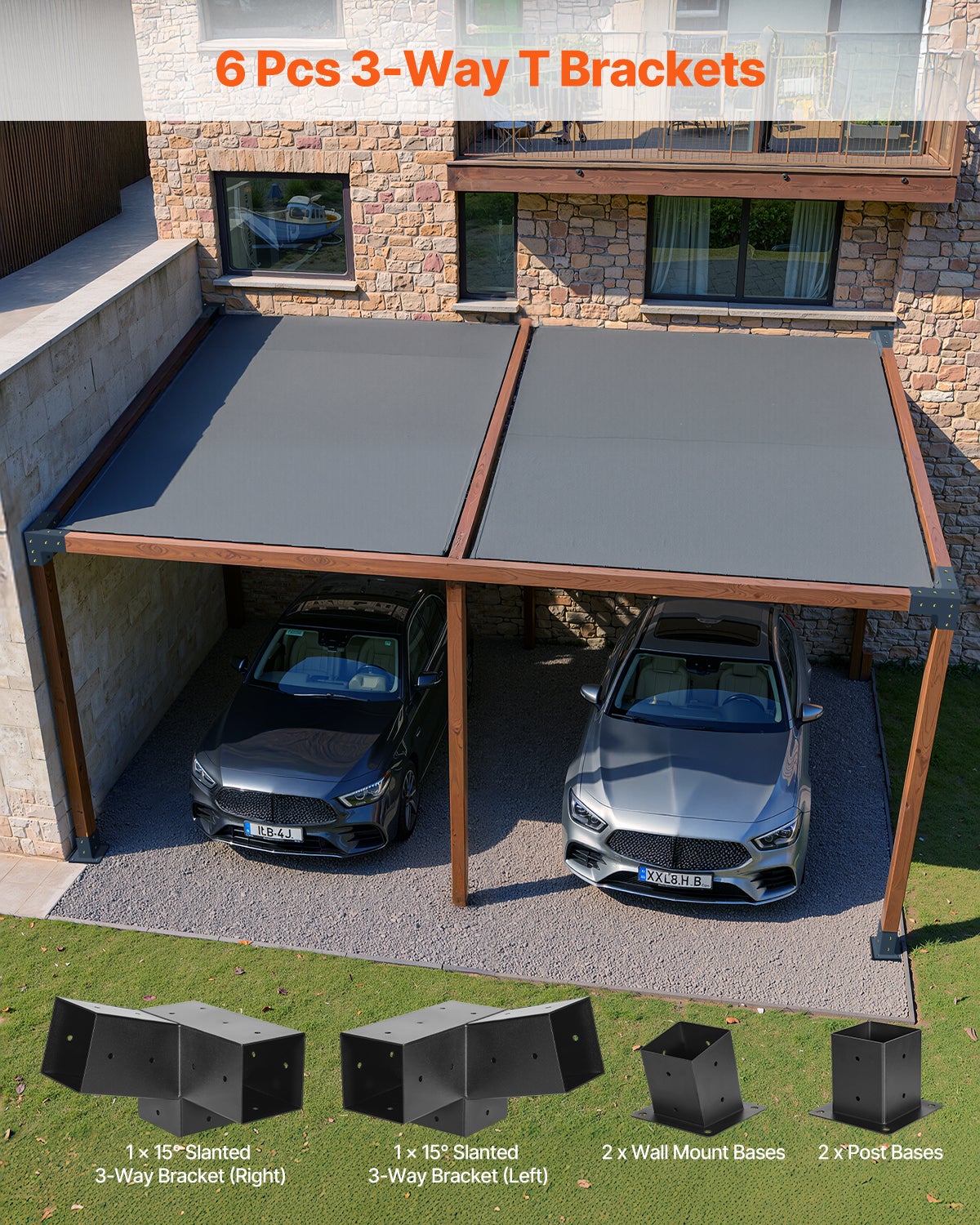 Kit Support de Pergola,Lot de VEVOR 6,pour Poteaux Bois 92x92 mm,2 Angles 3 Voies,2 Bases Sol & Mur,Toit Incliné,Extérieur Fête Jardin - 3