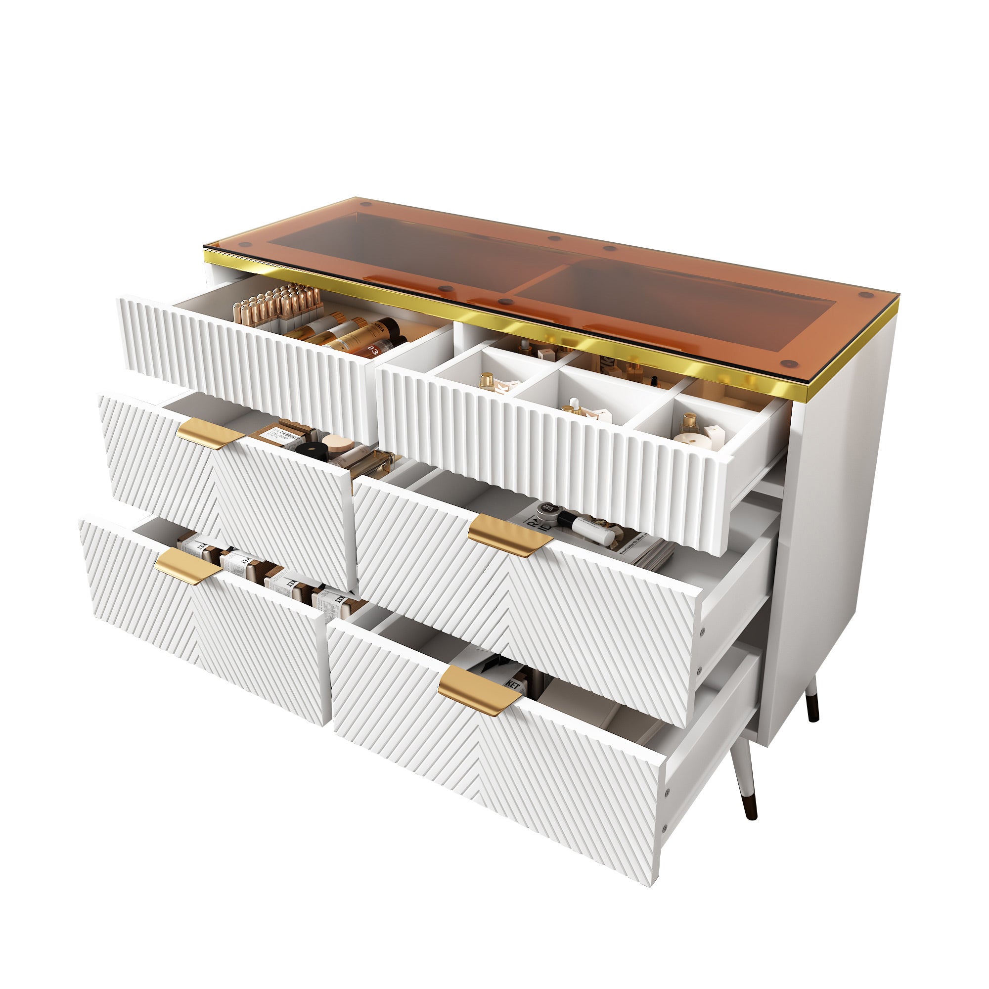 Cassettiera con 6 cassetti - 120 x 40 x 76 cm - vetro ambrato e pannelli di particelle - bianco - 6