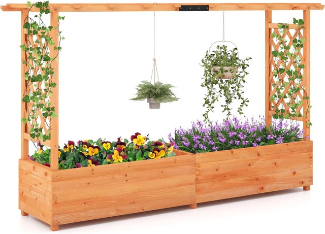 Jardinière Surélevée avec Treillis, Lit de Jardin en Bois avec Toit Suspendu, Trous de Drainage, 200x44x114cm