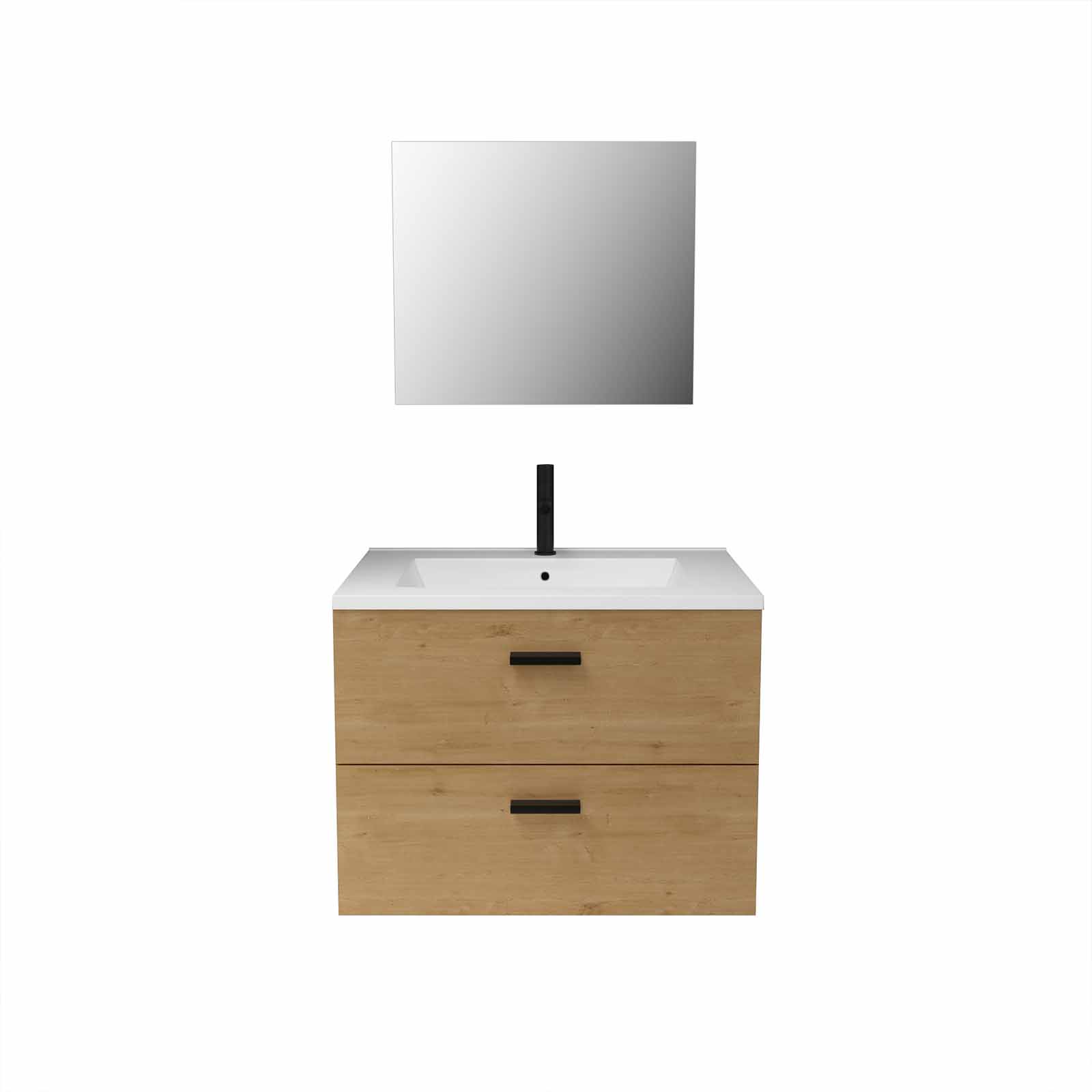 Meuble salle de bain 60 cm suspendu 2 tiroirs finition Bois avec vasque et miroir - BOX-IN 60 WOOD - 3