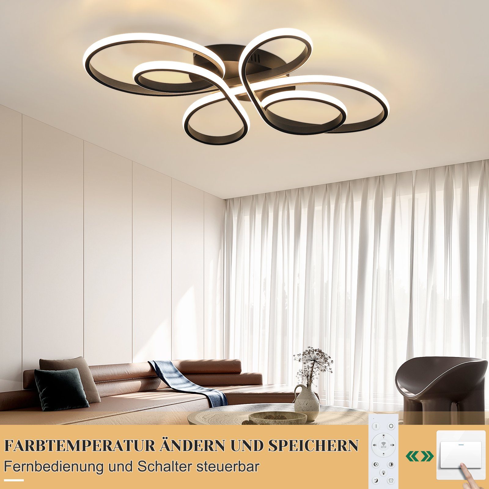 NETTLIFE Plafonnier LED Dimmable Grand 100cm Salon 90W Moderne Noir avec Télécommande - 4