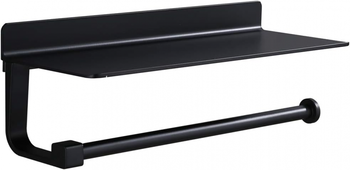 Uchwyt na ręczniki papierowe z półką, montowany na ścianie, odpowiedni do przechowywania w kuchni i łazience, czarny (33 x 8,5 x 8,2 cm)