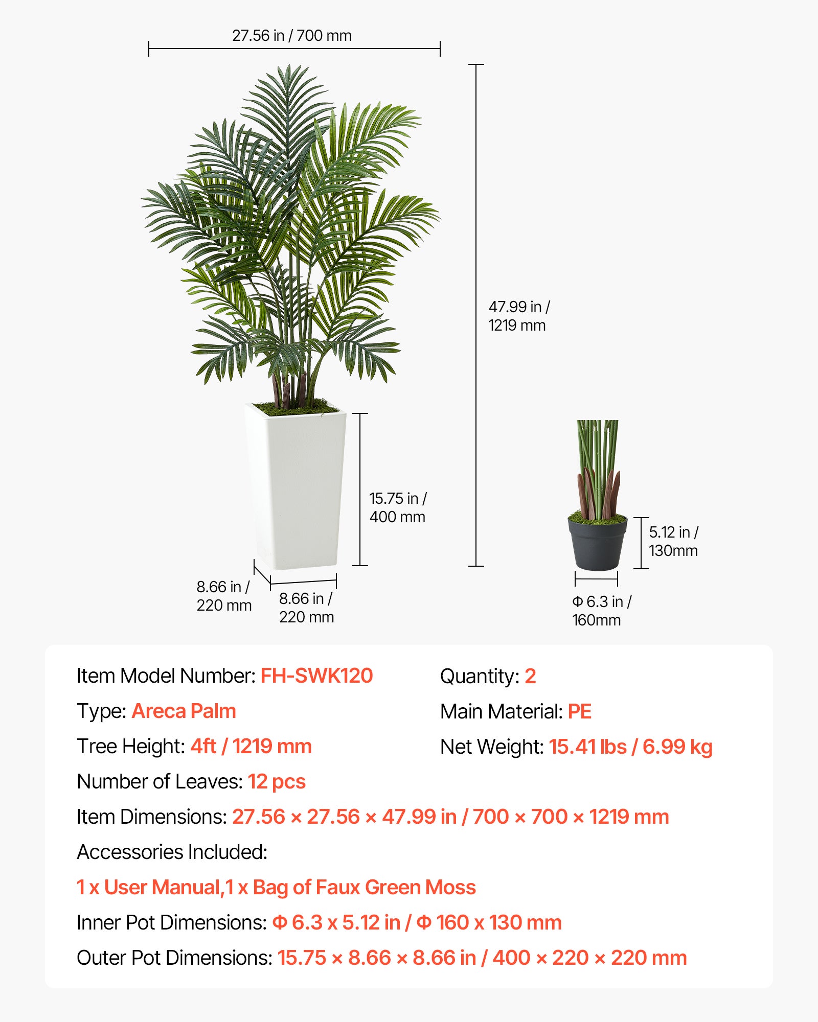Palmeira-areca artificial VEVOR, 1,2 m, vaso branco, conjunto 2, palmeira-areca falsa, para decoração casa, escritório, ambiente interior e exterior - 7