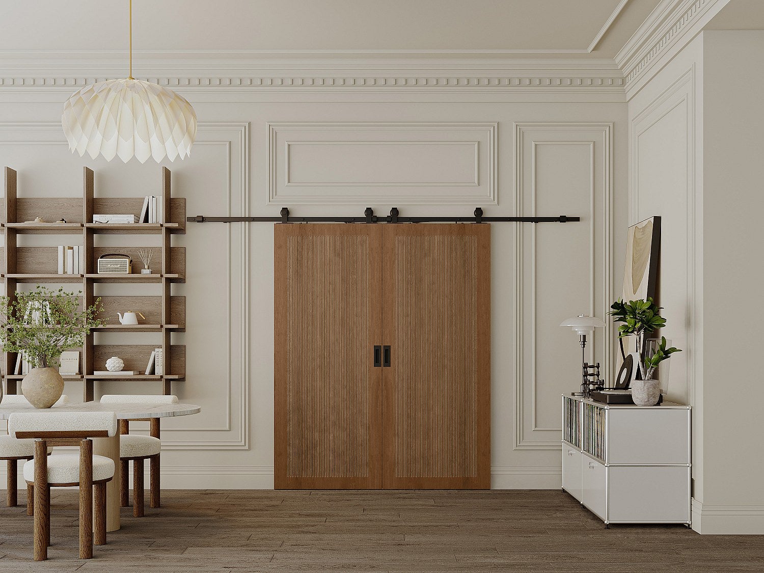 Drzwi przesuwne naścienne podwójne z MDF i drewna naturalny ciemny - 2 x wys. 205 x szer. 93 cm - SANDORA