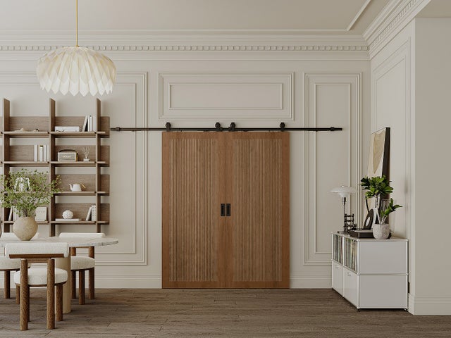 Porte coulissante double avec système en applique en MDF et bois - naturel foncé - 2 x H205 x L63 cm - SANDORA