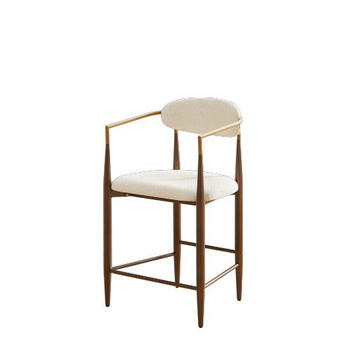 Lot de 2 tabourets de cuisine en tissu et métal marron, 2 sièges, beige avec dossier incurvé, accoudoirs, rembourrés - OKWISH - 8
