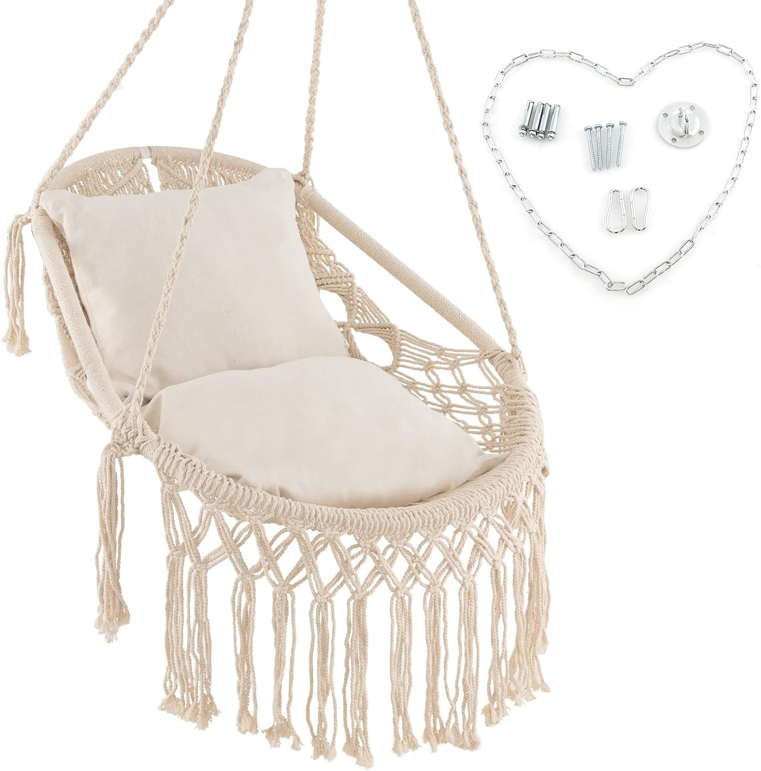 Krzesło Hamakowe Wiszące z Mechanizmem Bujanym, Makrama, Nośność 150 kg, z Bawełnianego Sznurka, z Miękkimi Poduszkami i Zestawem Mocującym, Beżowy