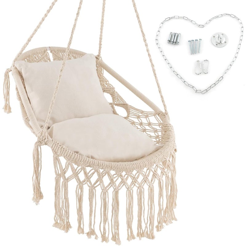Krzesło Hamakowe Wiszące z Mechanizmem Bujanym, Makrama, Nośność 150 kg, z Bawełnianego Sznurka, z Miękkimi Poduszkami i Zestawem Mocującym, Beżowy
