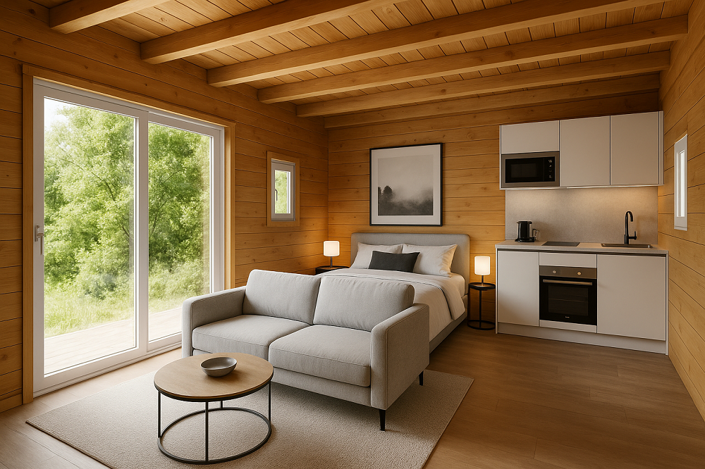 Studio de jardin NANTUA 20m² - Bois Douglas épaisseur 55mm - Baie vitrée Alu & Fenêtres PVC GROSFILLEX - Toiture Bacacier avec voliges - 10