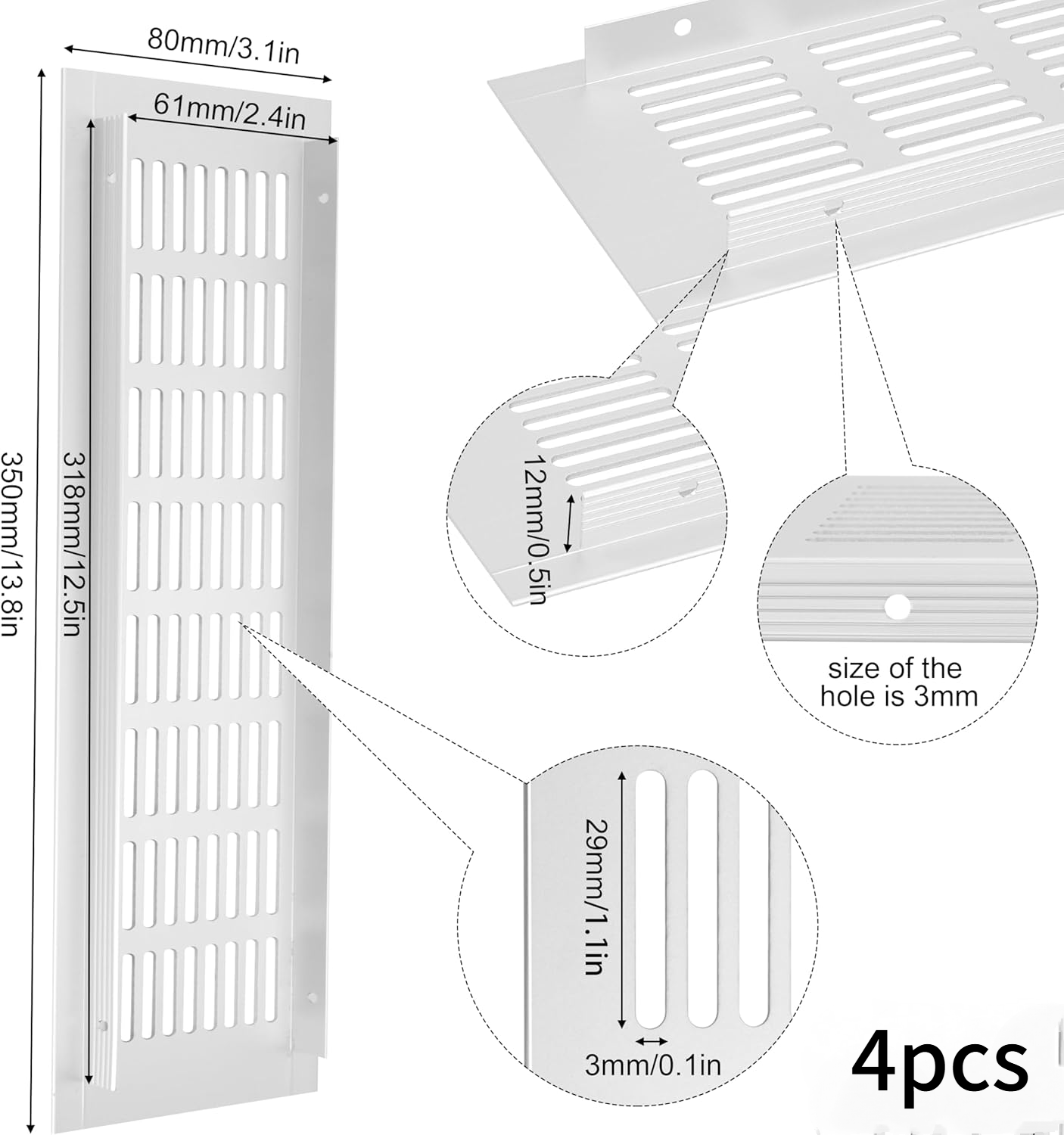 Kratka wentylacyjna aluminiowa z wkrętami, do wentylacji szaf i pomieszczeń, 35 x 8 cm, srebrna, 4 sztuki - 4