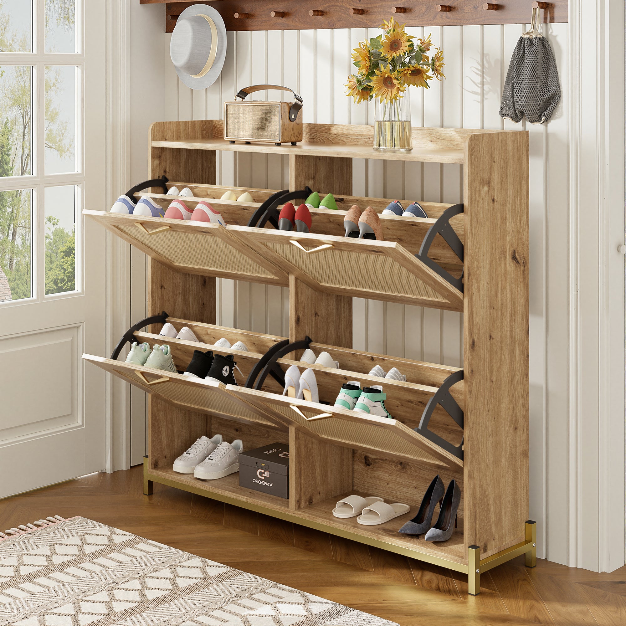 Meuble à chaussures moderne - avec portes en rotin - 4 portes - structure en métal - naturel - 2