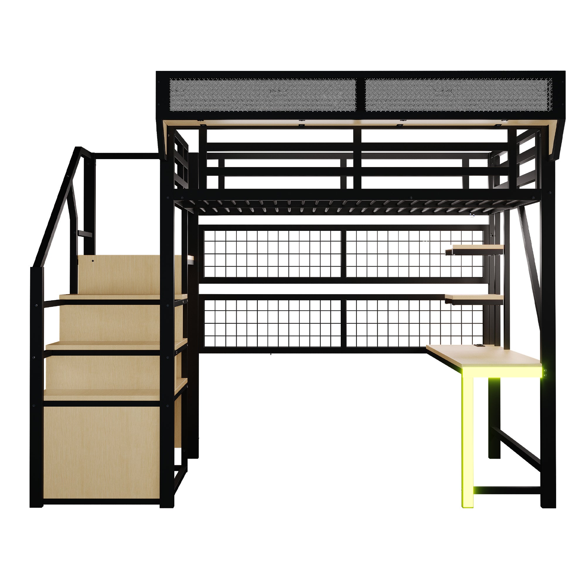Lit Mezzanine en Métal 140x200 cm avec Bureau, Armoire et Échelle de Rangement, Lit superposé avec LED et Prises, Lit enfant Noir, Sans matelas - 8