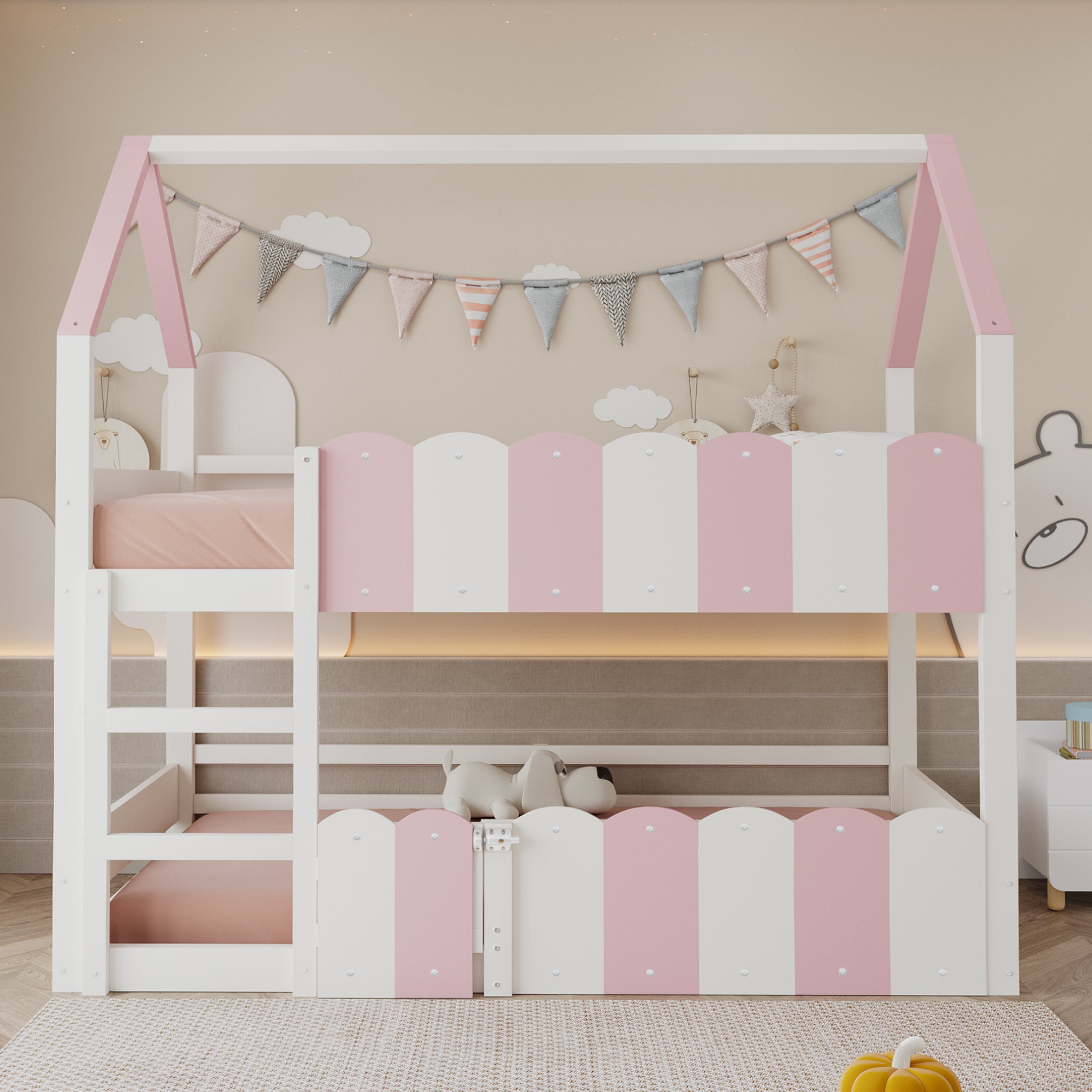 Łóżka piętrowe 2 x 90 x 200 cm z małymi drzwiczkami i barierkami zabezpieczającymi - Drewno + Sklejka + MDF - Różowe (bez materaca)