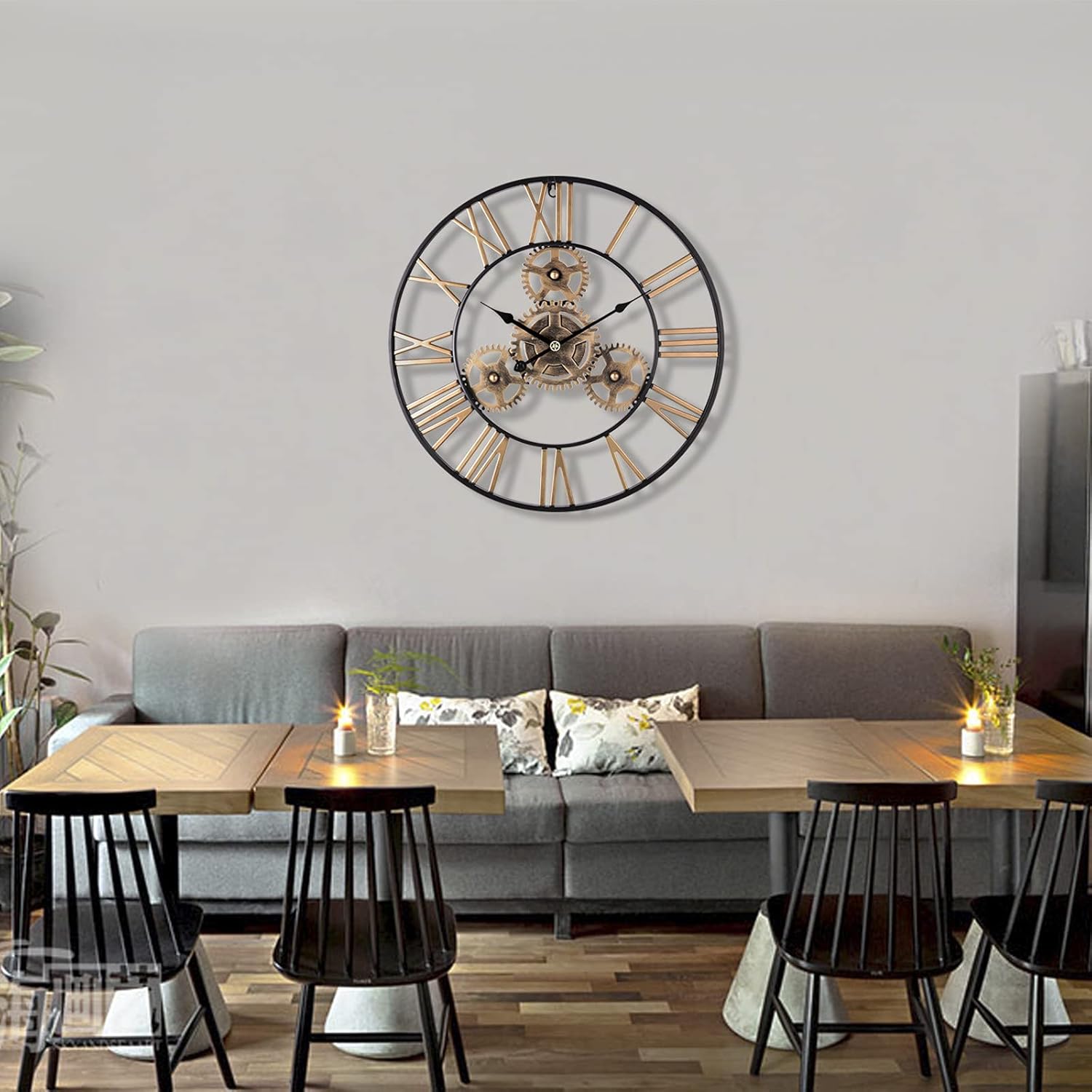 Or, horloge murale à engrenages industriels, pendentif mural à quartz de 50 cm, chiffres romains, silencieux, adapté au salon, bar et restaurant - 5