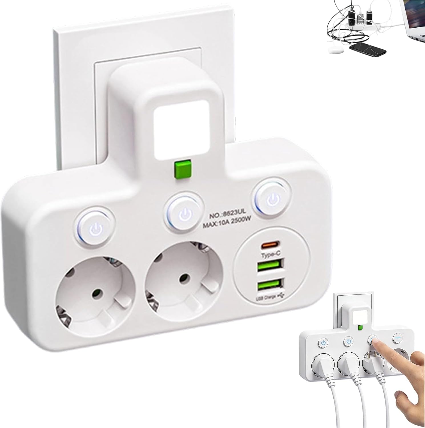 Inteligentna listwa zasilająca z portami USB, bezprzewodowa, 2 gniazda z osobnymi przełącznikami, kompaktowa i bezpieczna listwa zasilająca ścienna z