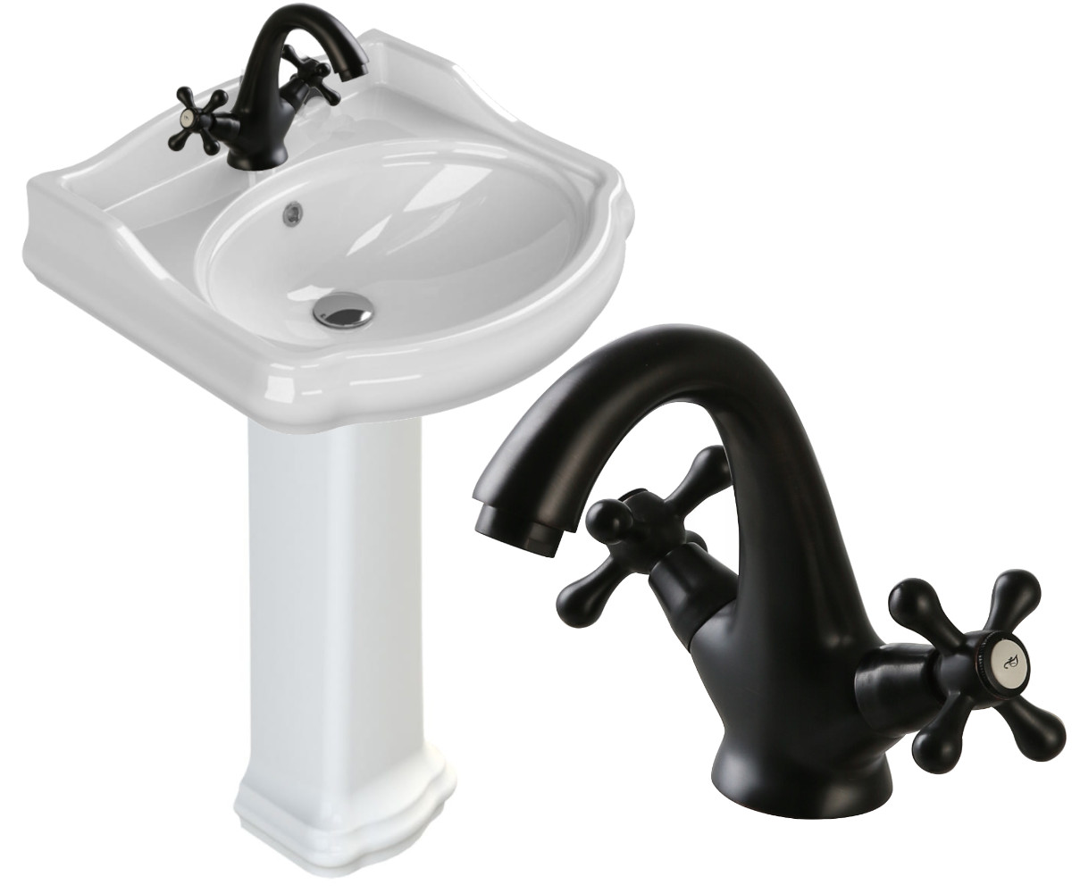 Umywalka z postumentem 60x54 cm retro ceramiczna, biała, z baterią retro czarna