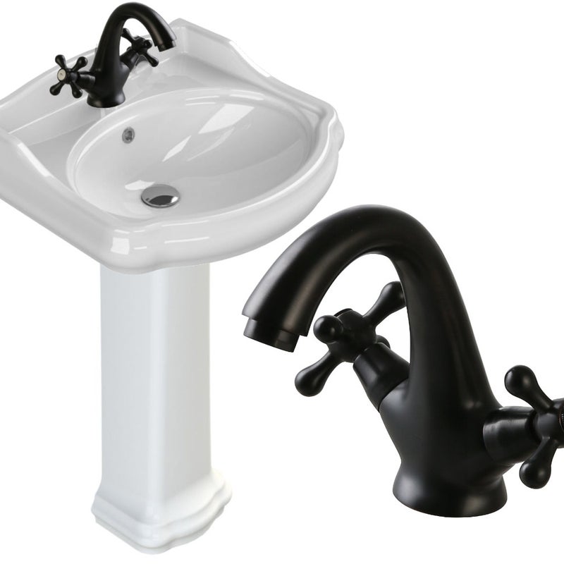 Umywalka z postumentem 60x54 cm retro ceramiczna, biała, z baterią retro czarna