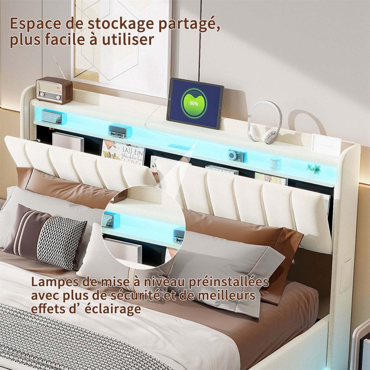 Lit 160x200cm - Lit coffre 160x200 avec sommier et tête de lit rangement - LED et port charge - velours - beige - 8