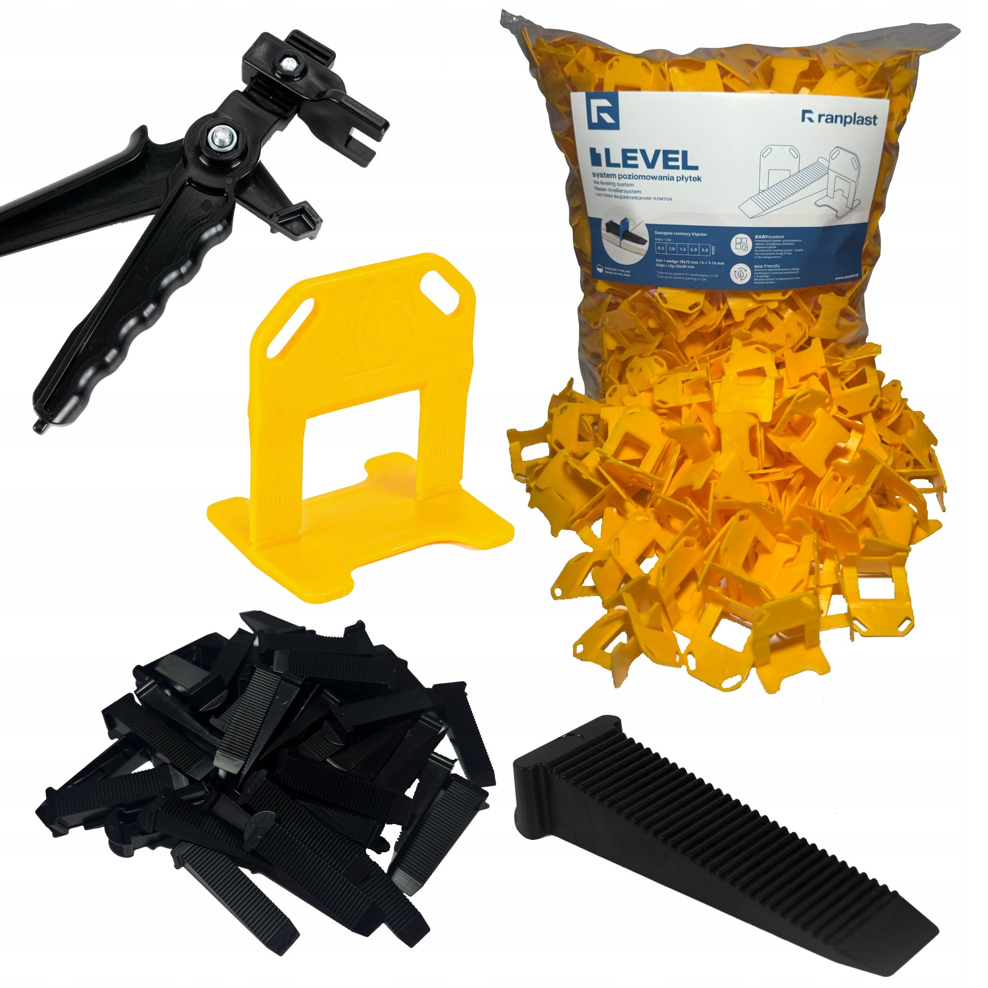System Poziomowania Płytek klipsy kliny 1mm 500 + 100 ZACISKACZ RANPLAST