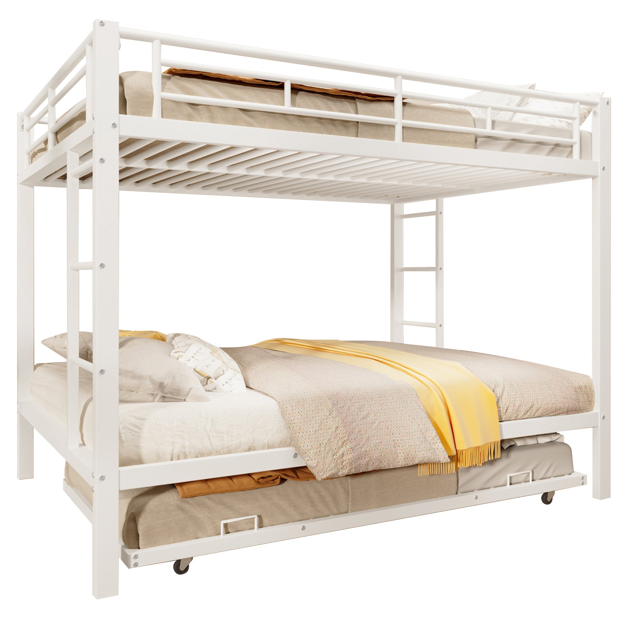 Lits superposés 2 x 140 x 200 cm avec lit gigogne 90 x 190 cm - Cadre en métal - Blanc (sans matelas) - 7