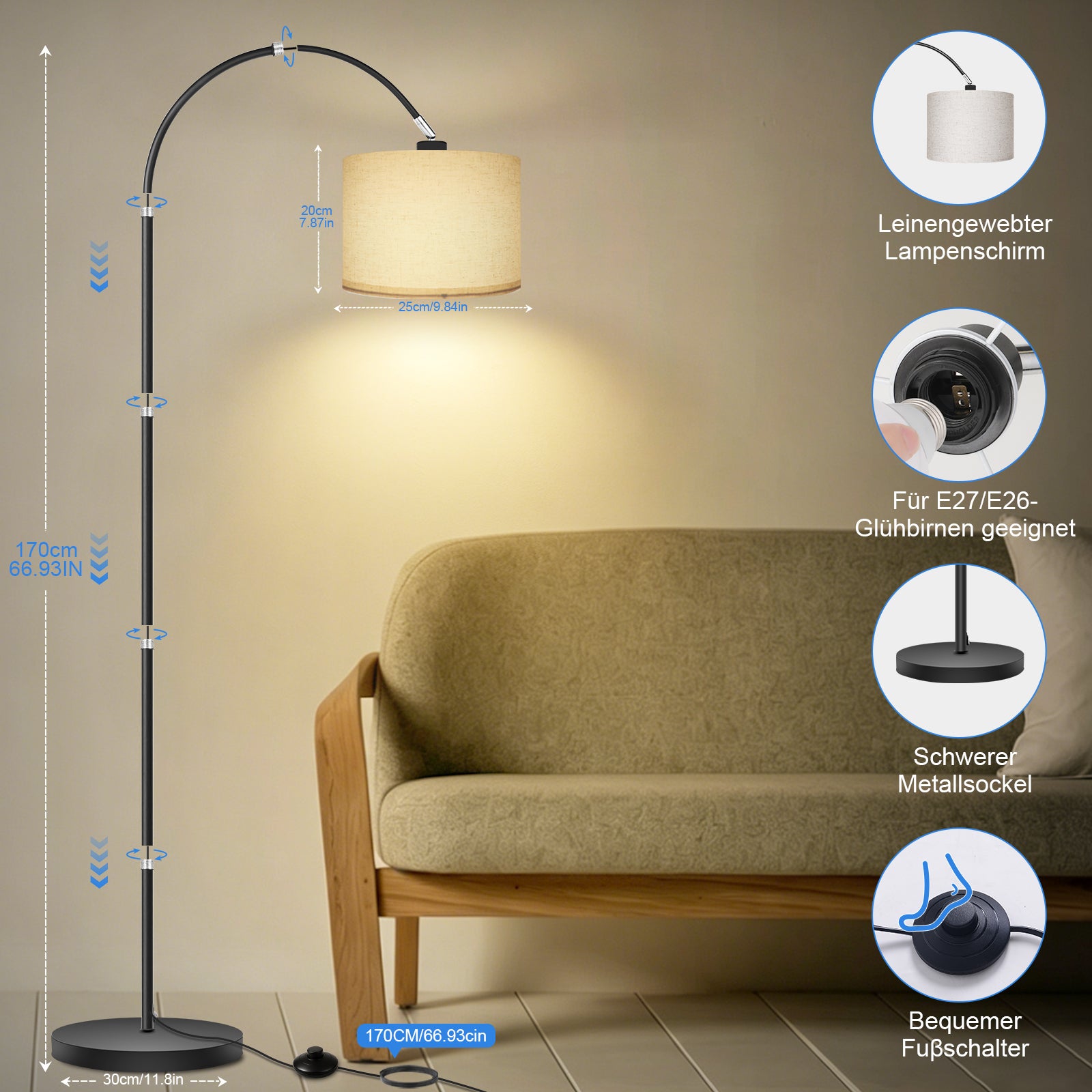 Lampadaire arc LED 170 cm noir lampe de lecture, 12W, 1400 lm, 3000K, design vintage, abat-jour tissu, métal, interrupteur au pied, E27, LOVHAUS - 5